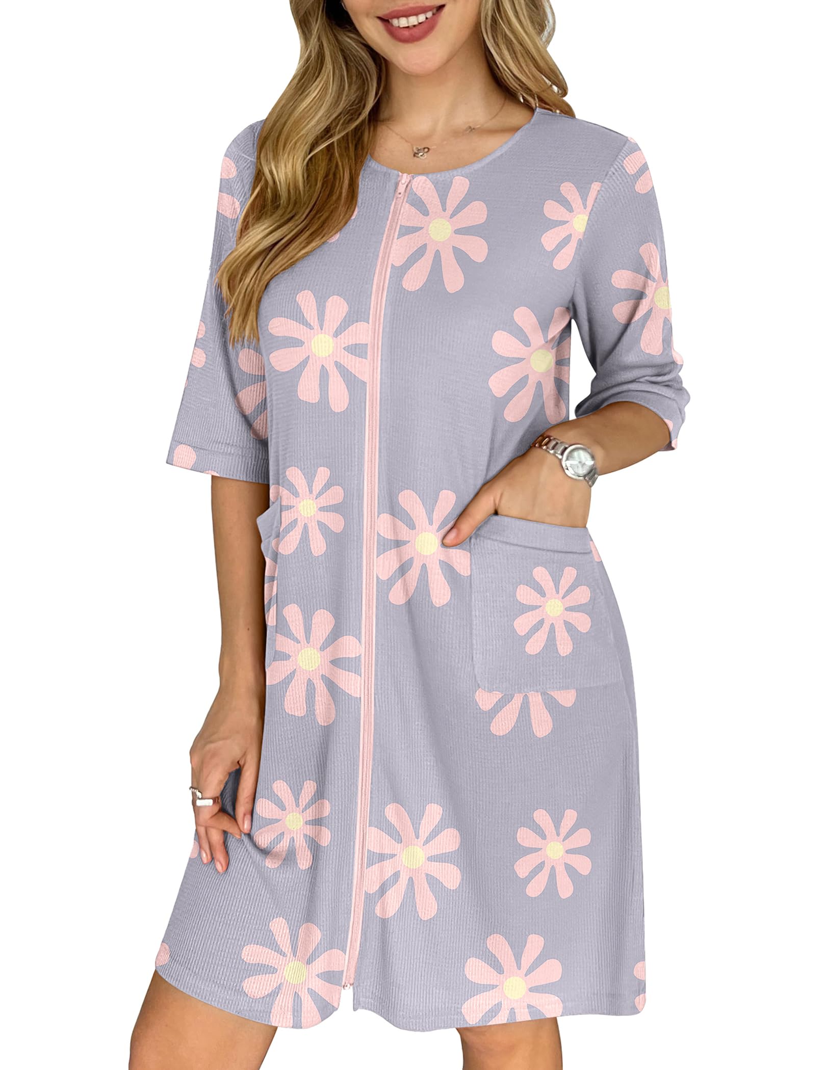 Ekouaer Zip Up Robes for Women Short Waffle Bathrobe Lightweight house coat 3/4 Sleeve Soft Nightgown with Pockets S-3XL WEBE CLOTHING
