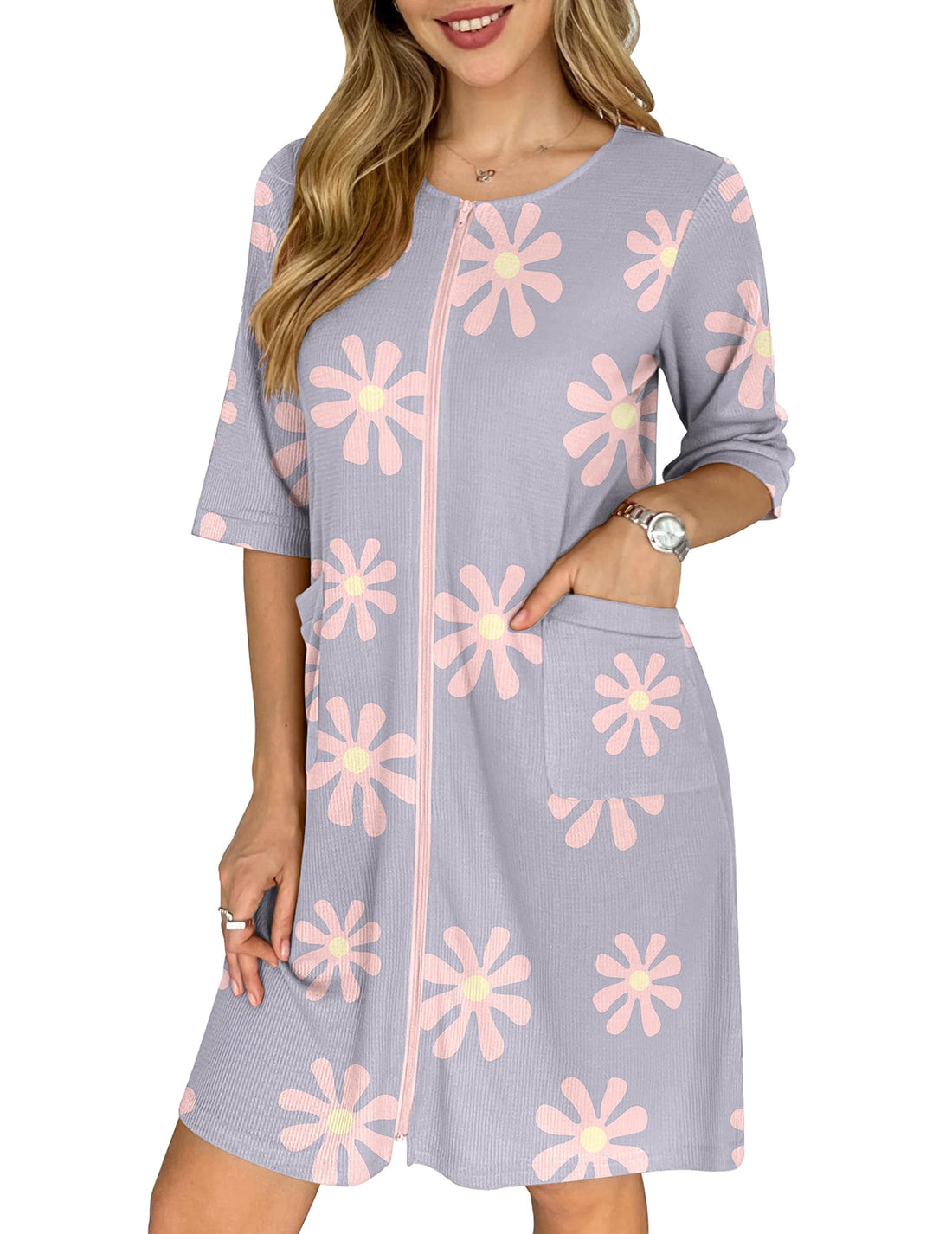 Ekouaer Zip Up Robes for Women Short Waffle Bathrobe Lightweight house coat 3/4 Sleeve Soft Nightgown with Pockets S-3XL WEBE CLOTHING