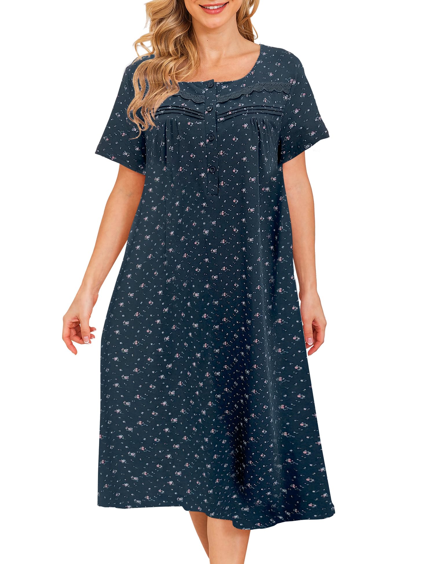 Bloggerlove Nightgowns for Women 100% Cotton Soft House Dress | 100 Full Cotton, Button Neck, Knee Length, Lace Trim Floral, Breathable, Skin-frieend, Loose Fit, Comfy Sleepwear WEBE CLOTHING