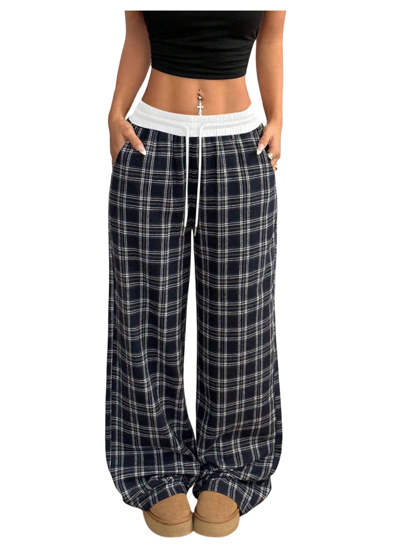 SOLY HUX Women's Plaid Checkered Pants Flannel Pajama Pants Lounge Wide Leg Baggy Sweatpants with Pockets