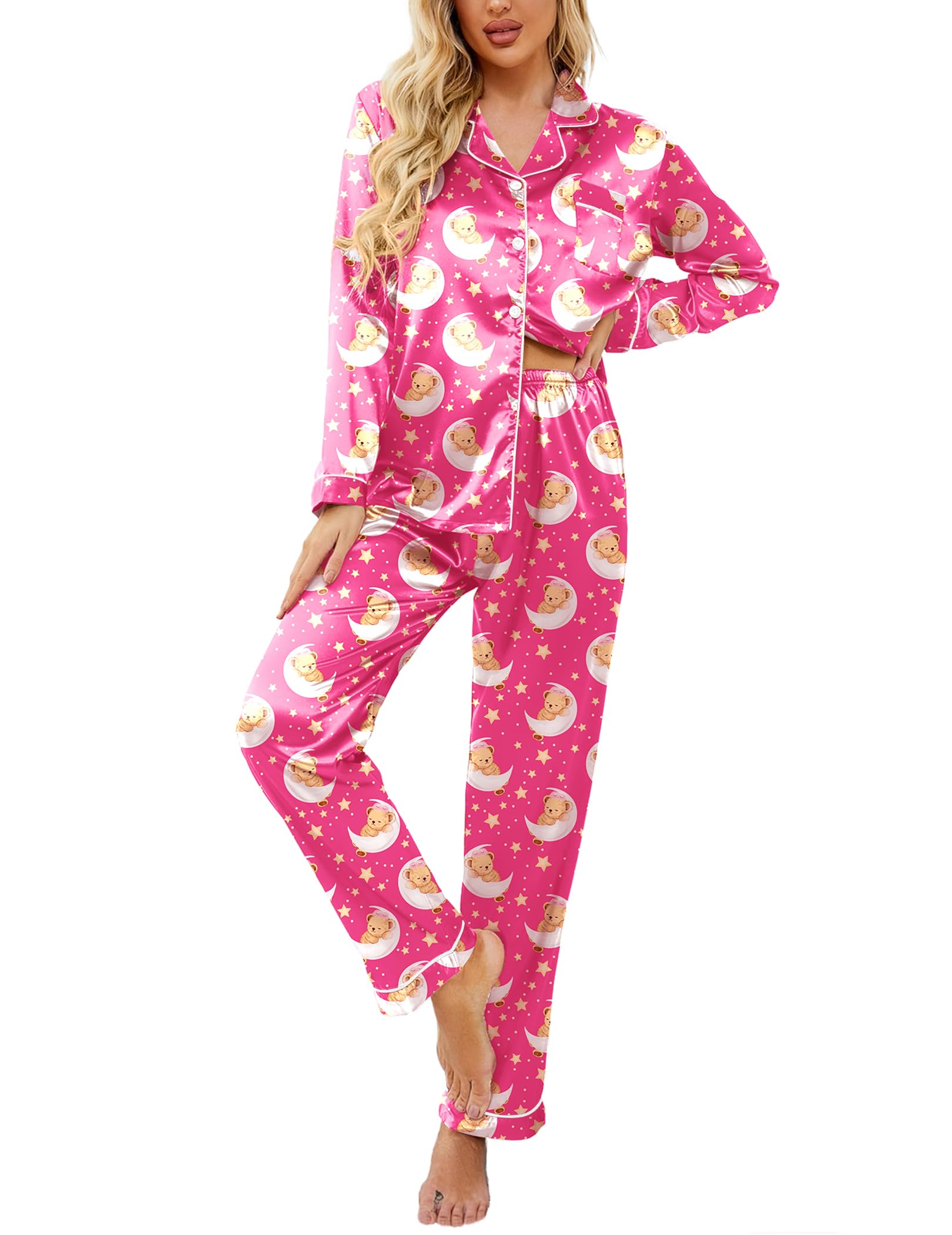 Ekouaer Womens Satin Silky Pajama Set Classic Pattern Button Down Pjs Set | Soft Fabric, Long Sleeve Notch Collar with Contrast Piping, Chest Pocket, Gifting Sleepwear WEBE CLOTHING