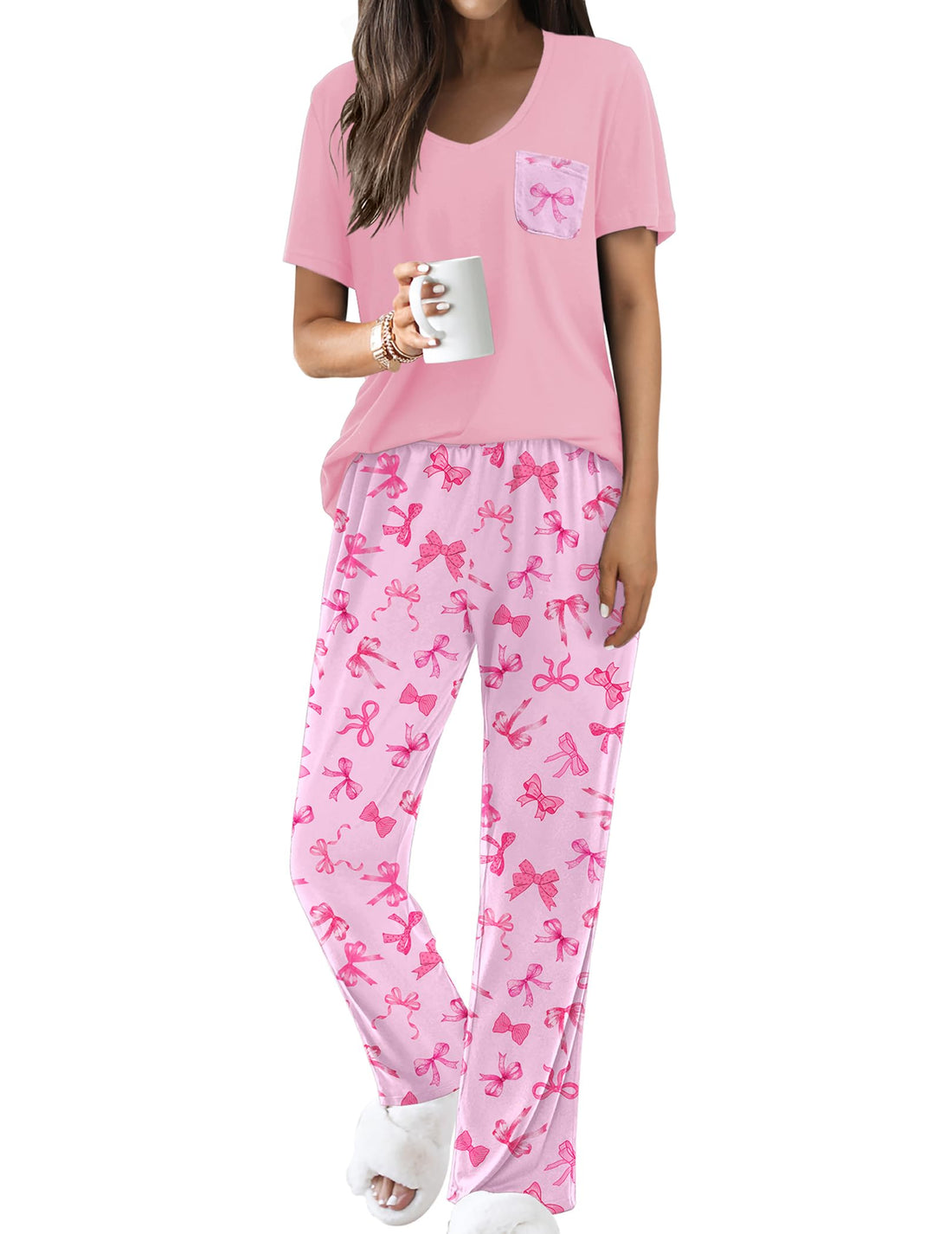 Ekouaer Pajama Sets for Women Short Sleeve Pj Set V Neck Sleepwear Chest Pocket with Long Pants Casual Loose Loungewear WEBE CLOTHING
