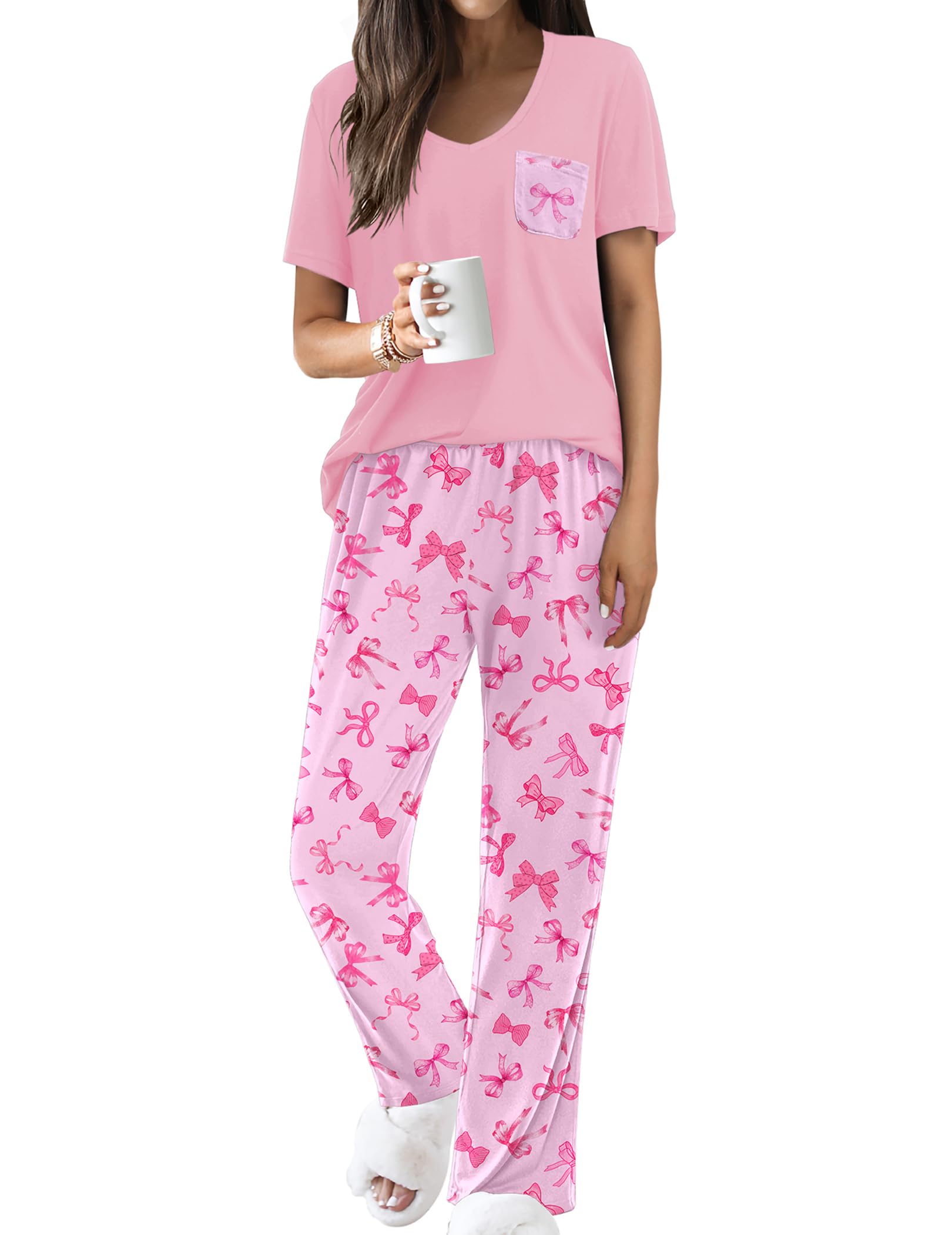 Ekouaer Pajama Sets for Women Short Sleeve Pj Set V Neck Sleepwear Chest Pocket with Long Pants Casual Loose Loungewear WEBE CLOTHING