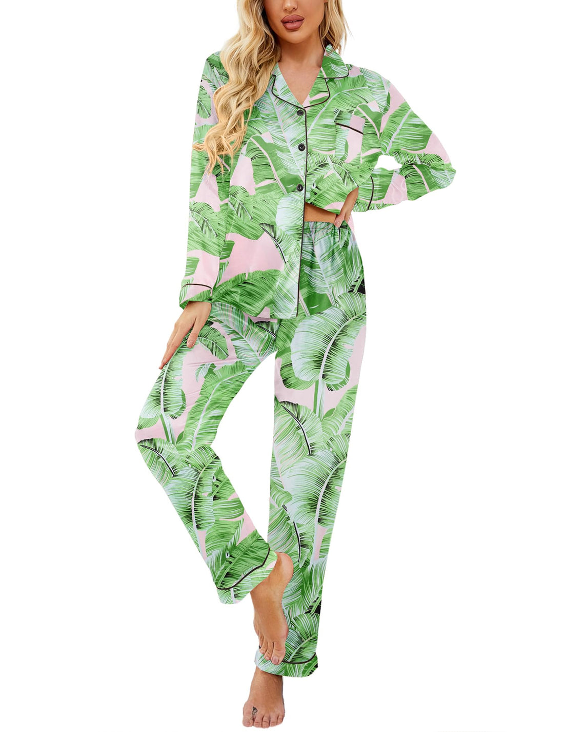 Ekouaer Womens Satin Silky Pajama Set Classic Pattern Button Down Pjs Set | Soft Fabric, Long Sleeve Notch Collar with Contrast Piping, Chest Pocket, Gifting Sleepwear WEBE CLOTHING
