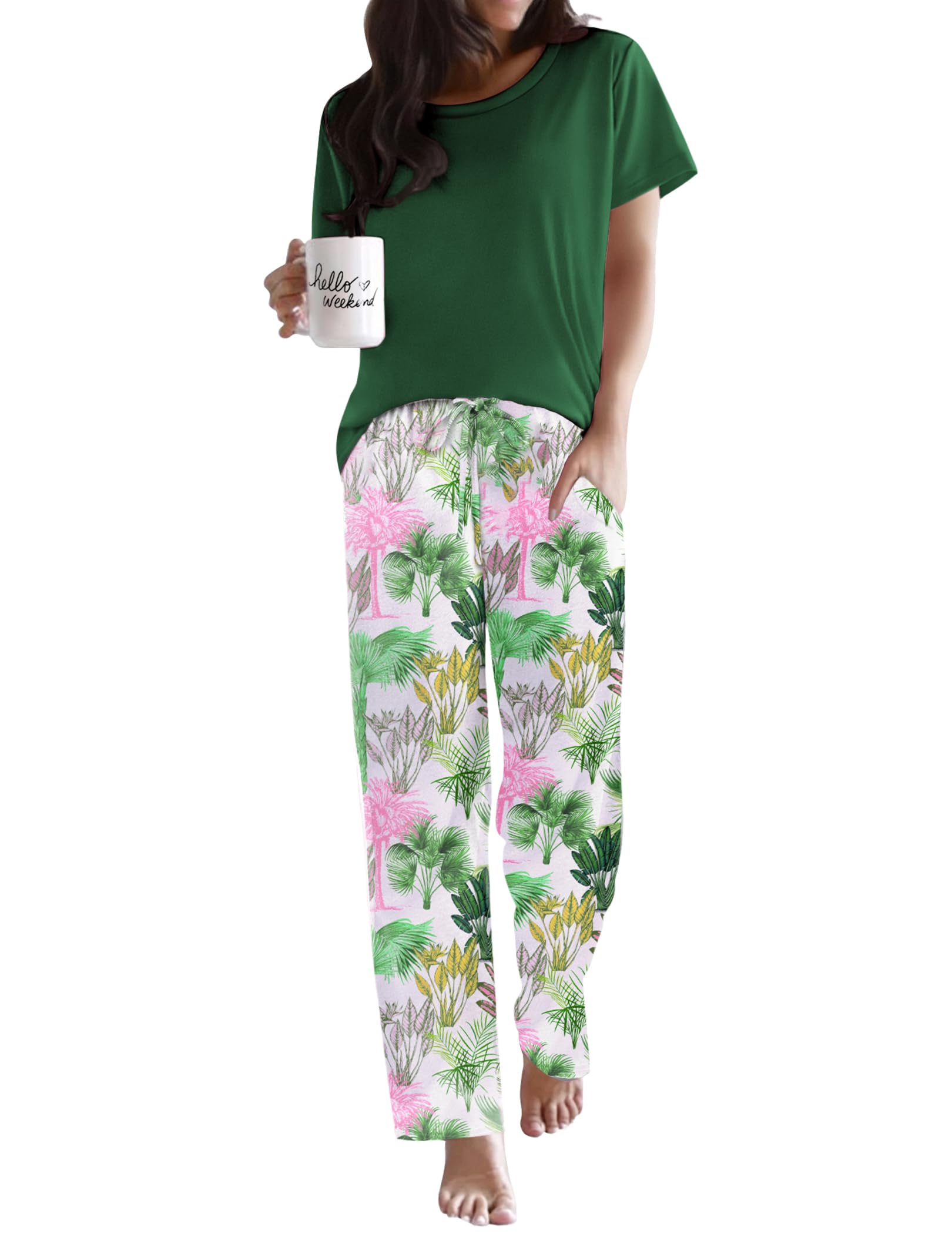 Ekouaer Pajama Sets for Women Round Neck Pjs Short Sleeve Sleepwear with Long Pants Loose Lounge Sets