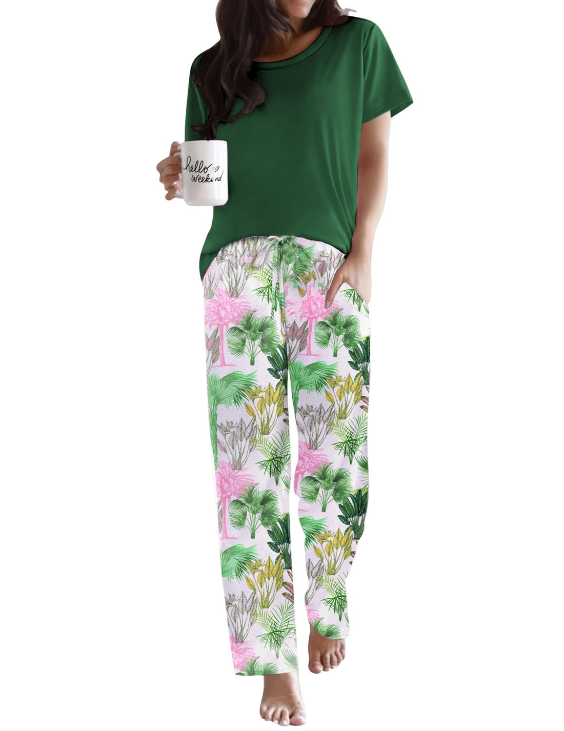 Ekouaer Pajama Sets for Women Round Neck Pjs Short Sleeve Sleepwear with Long Pants Loose Lounge Sets