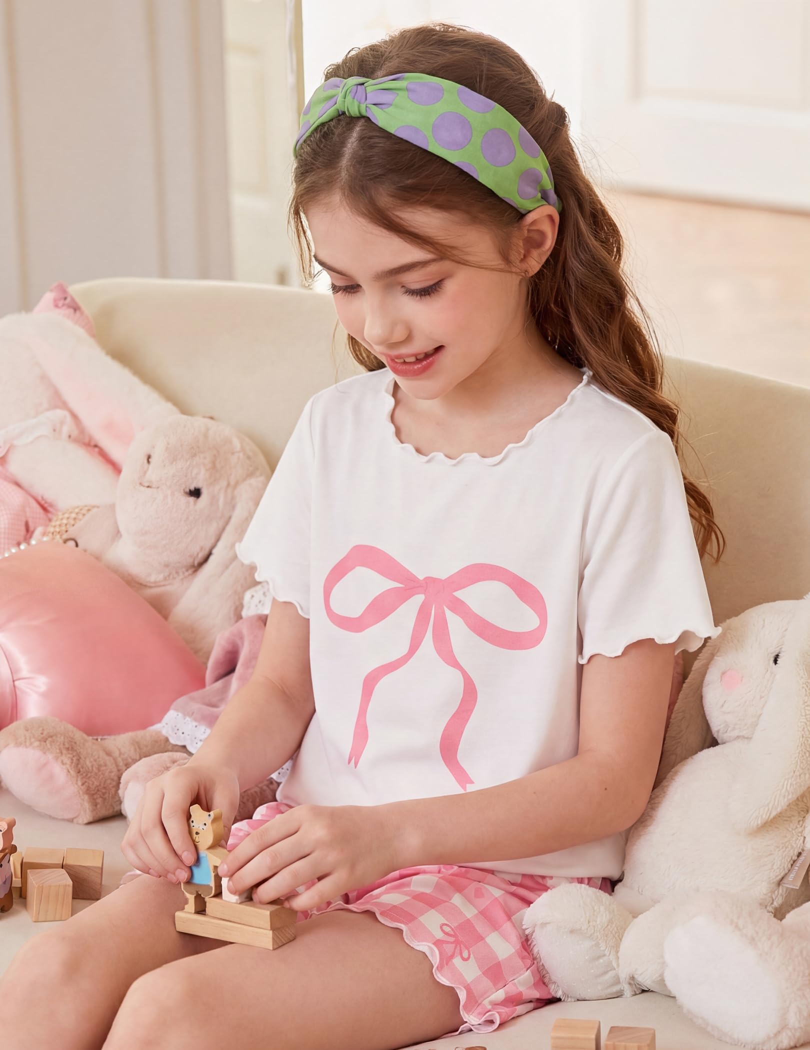Arshiner Girls Pajama Set Short Sleeve Lounge Set Soft Shirring Summer Sleepwear Pj Sets