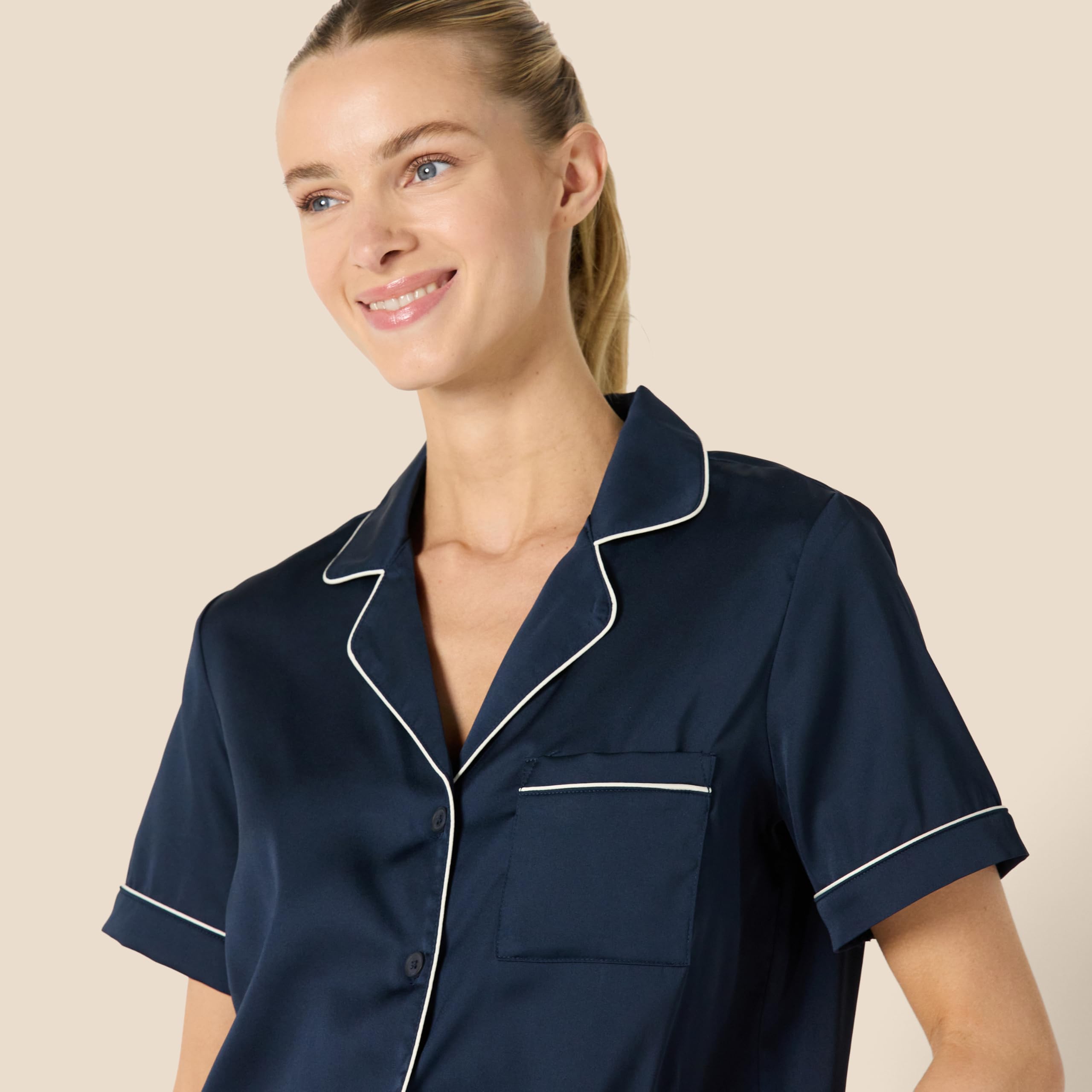 Amazon Essentials Women's Satin Short Sleeve Button-Down Top and Short Sleepwear Pajama Set