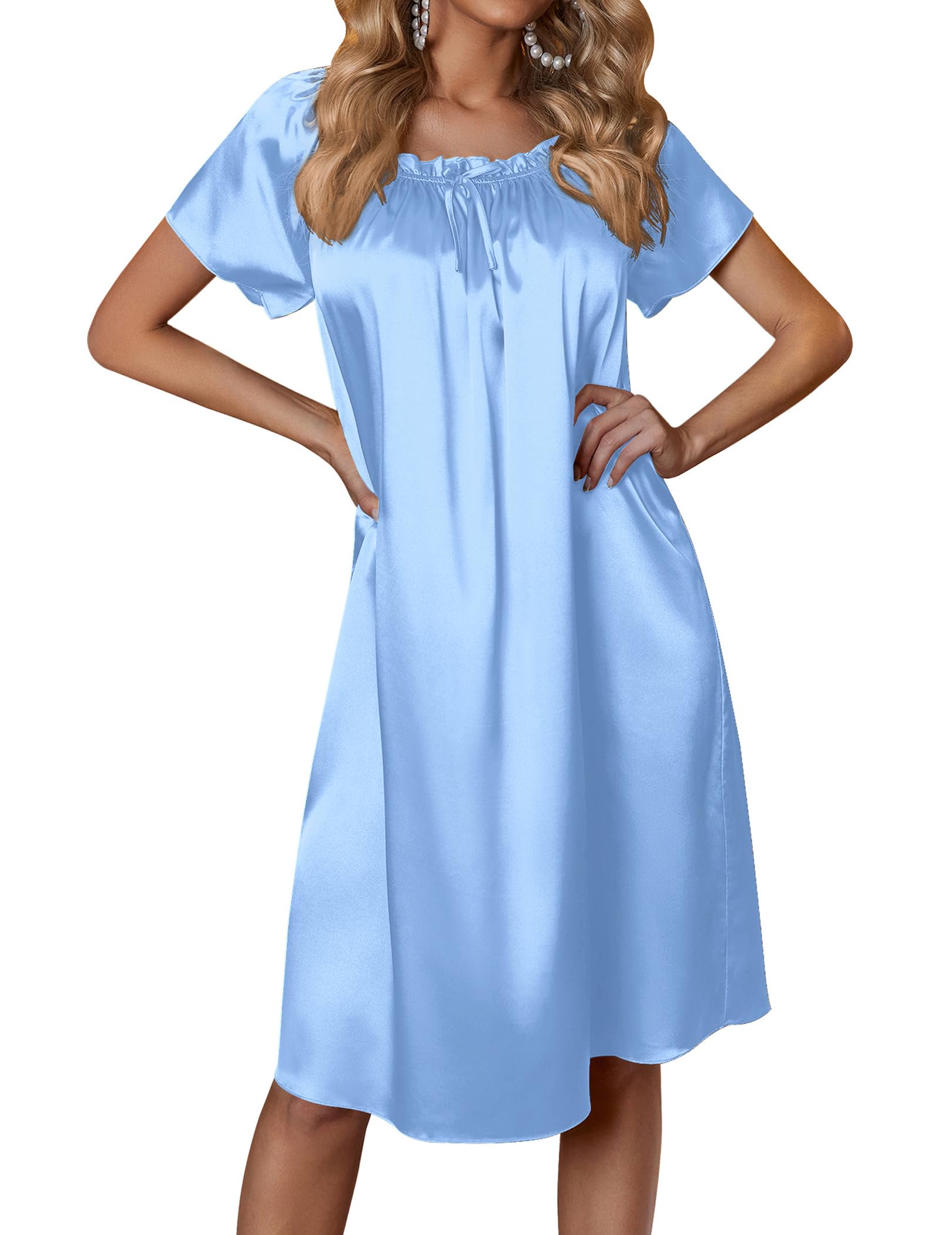 Ekouaer Women's Satin Silk Pleated Nightgown Loose Sleepwear Printed Nightshirt Short Sleeve Sleep Dress WEBE CLOTHING