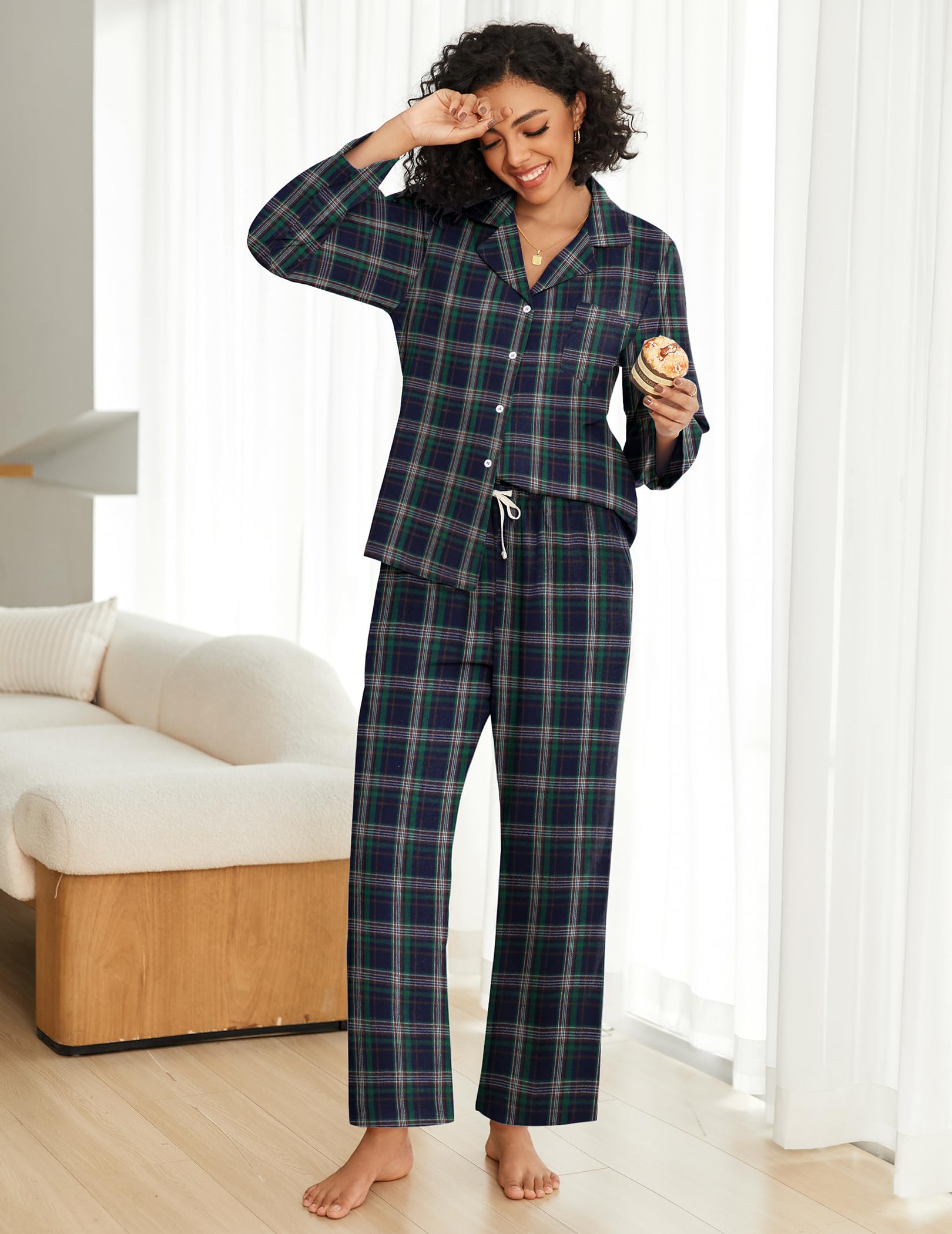 Ekouaer Womens Pajama Sets 2 Piece Cotton Plaid Pjs Long Sleeve Sleepwear Button Down Lounge Set with Pockets