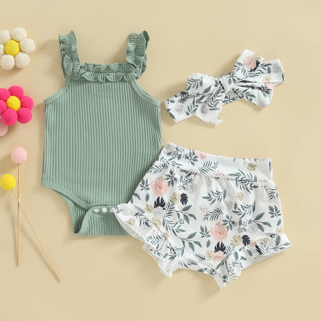 Newborn Baby Girl Summer Clothes Sleeveless Floral Top Ribbed Shorts Boho Outfit Set WEBE CLOTHING