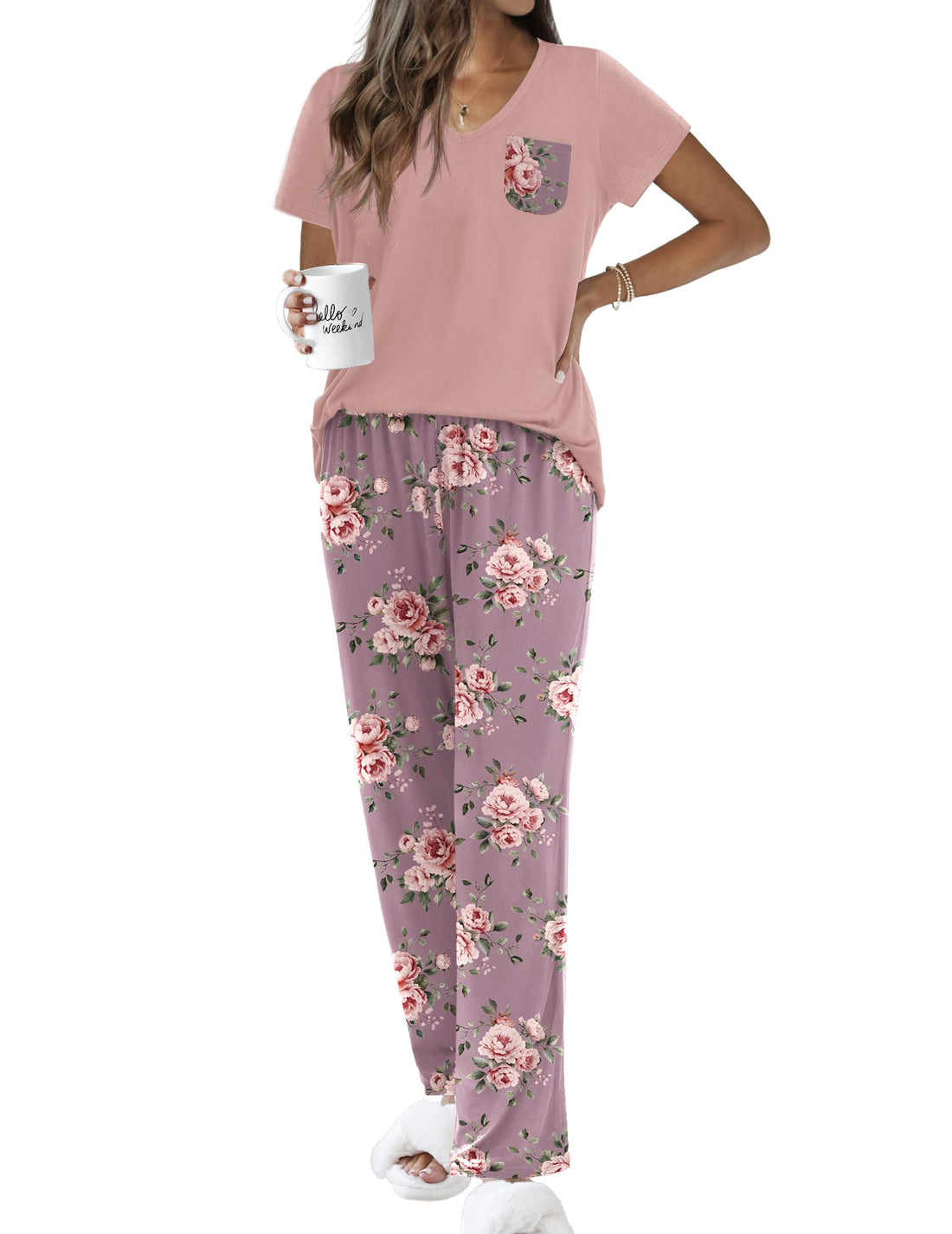 Ekouaer Pajama Sets for Women Short Sleeve Pj Set V Neck Sleepwear Chest Pocket with Long Pants Casual Loose Loungewear WEBE CLOTHING