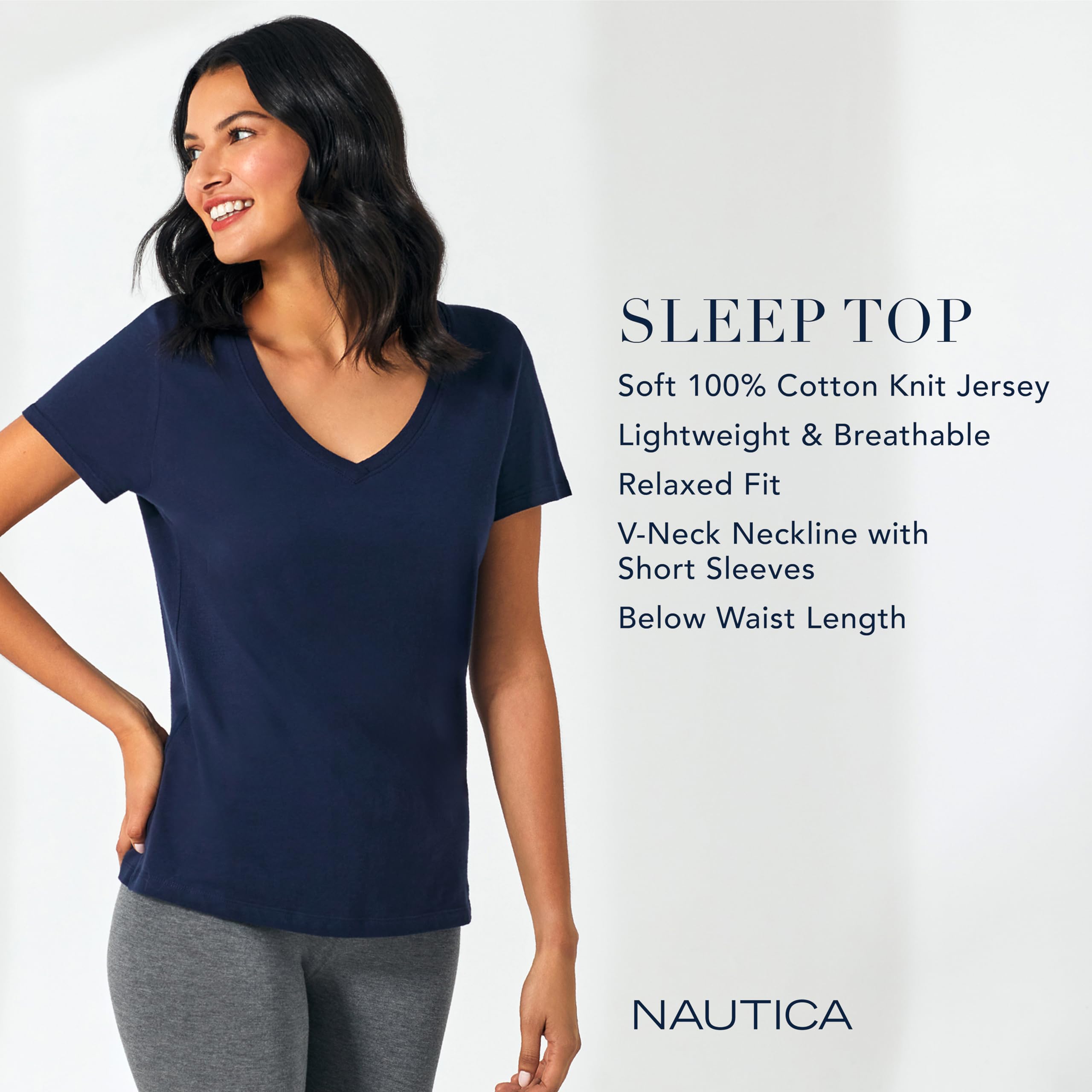 Nautica Womens Sleep Shirt - Lightweight, Breathable Pajama Top - Cotton Knit Jersey V-Neck Sleepwear and Loungewear WEBE CLOTHING