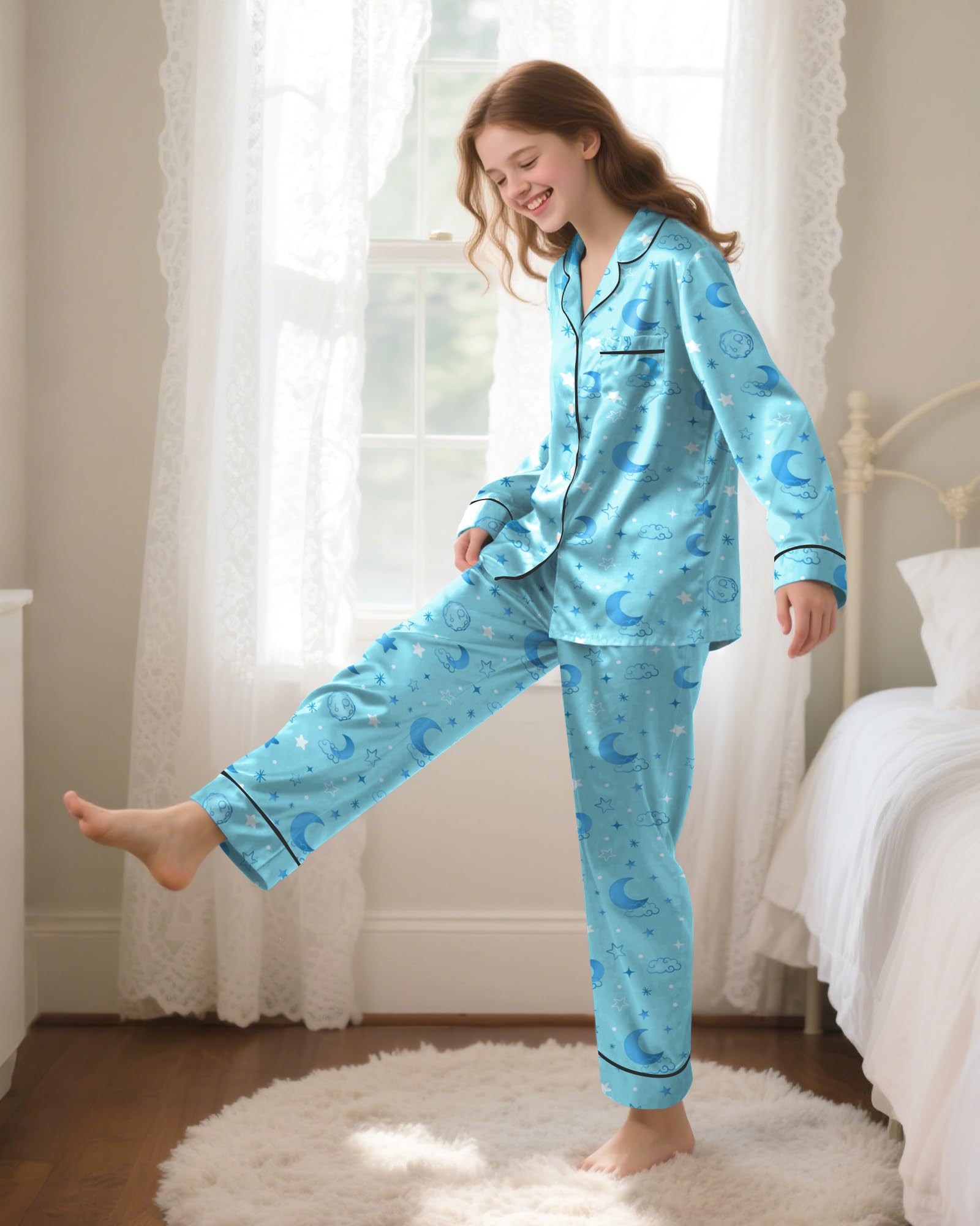 Sylfairy Girls Pajamas Silk PJS Set Satin Sleepwear Long Sleeve Jammies for Kids Button-Down Nightwear Loungewear 3-16 Years