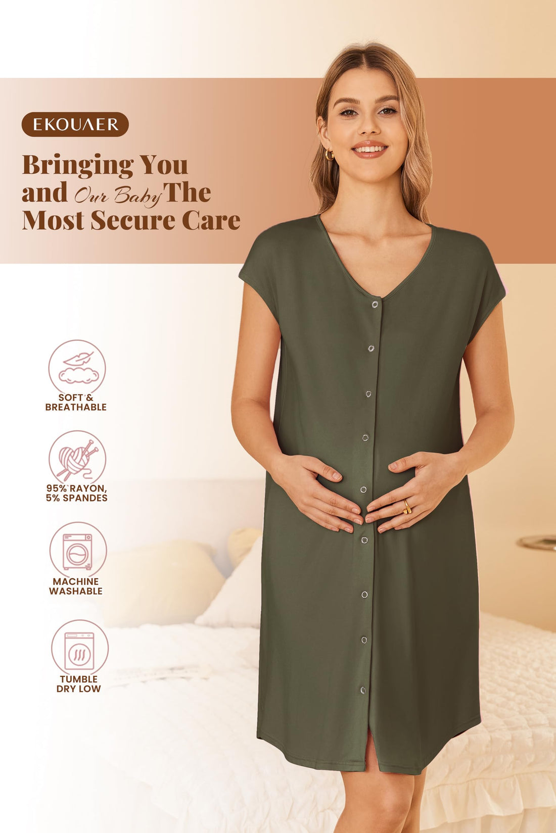 Ekouaer Labor and Delivery Gown for Hospital Birthing Gown Nursing Dress | Open Back Birthing Gown, Maternity Nursing Pajamas Dress Breastfeeding, Button C Section Postpartum Clothes