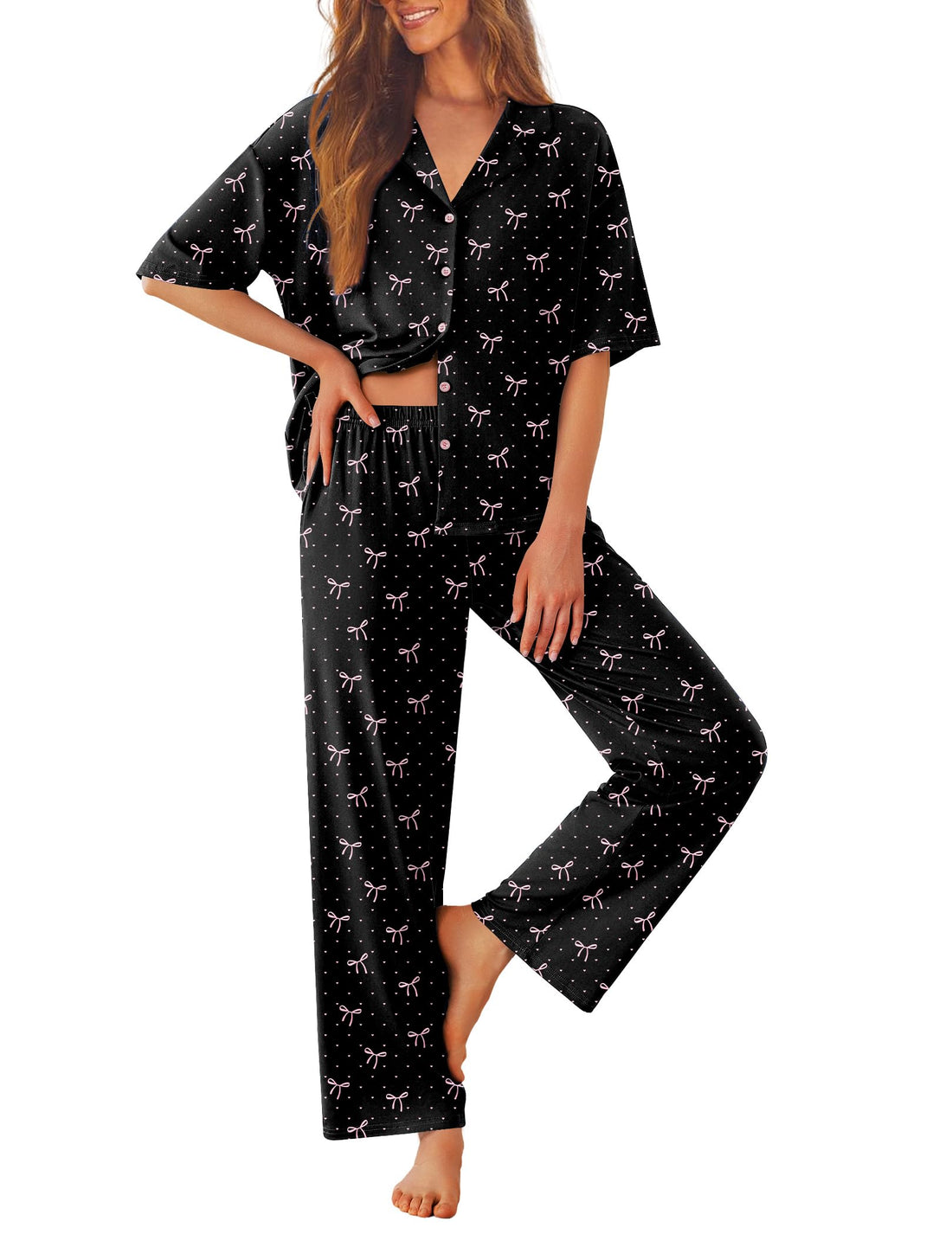 Ekouaer Women Pajamas Set Button Down Sleepwear Short Sleeve Pjs Soft Comfy Nightwear with Long Pants S-XXL