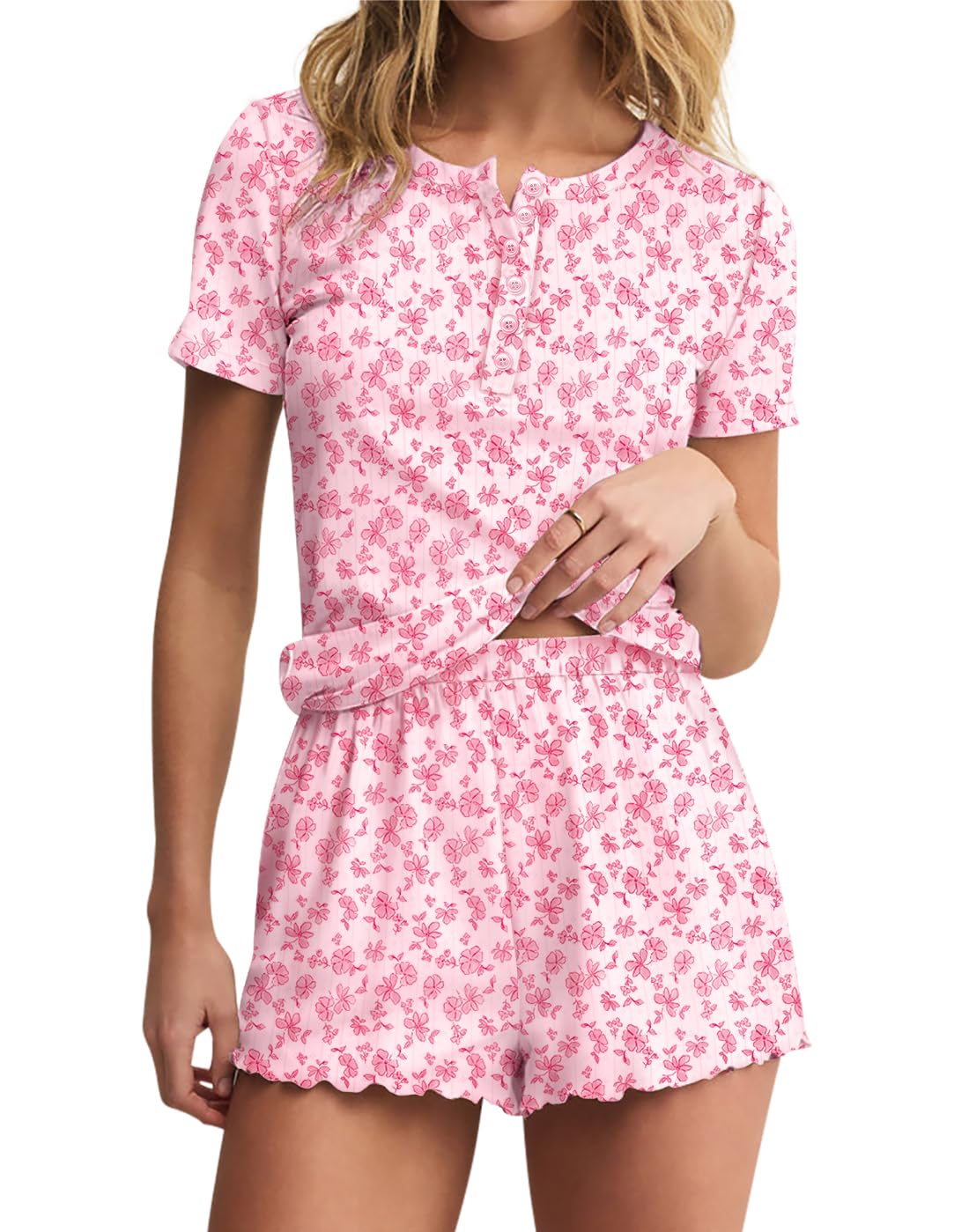 Lacozy Cute Pajama Sets for Women 2 Piece Short Sleeve Floral Print Button Shirt and Short Pj Sets Woman Y2K Sleepwear