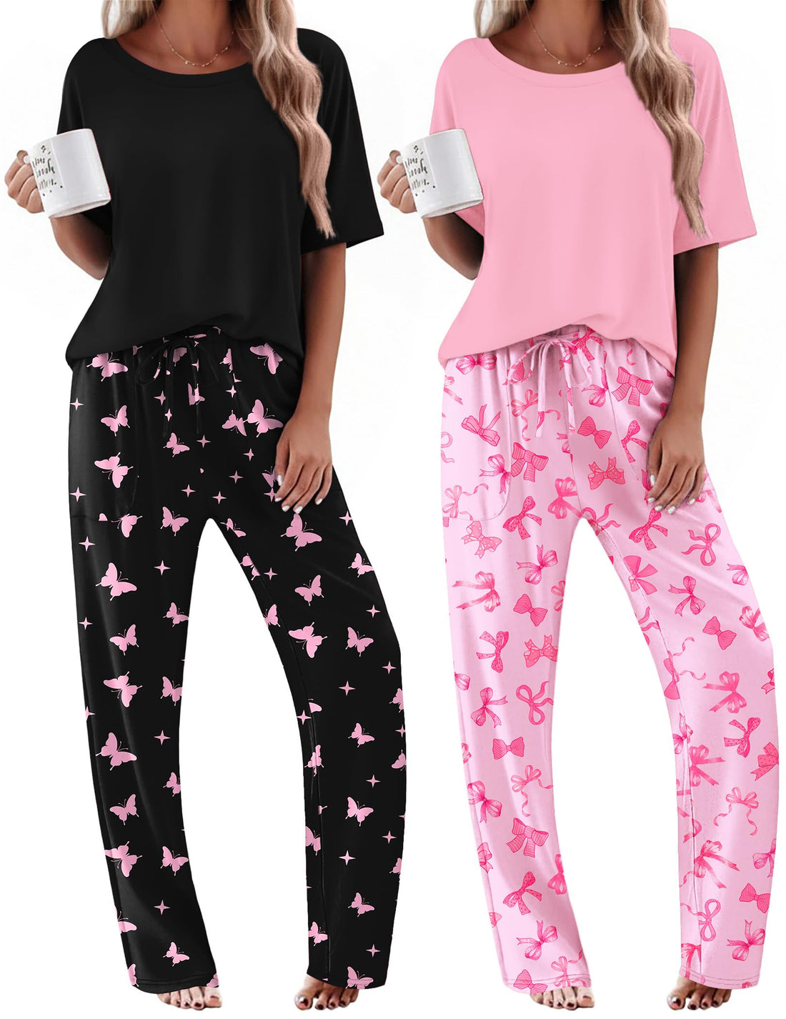 Ekouaer 2 Pack Womens Pajama Sets Short Sleeve Tops and Long Pants Casual Comfy Pjs Lounge Set with Pockets,S-XXL WEBE CLOTHING