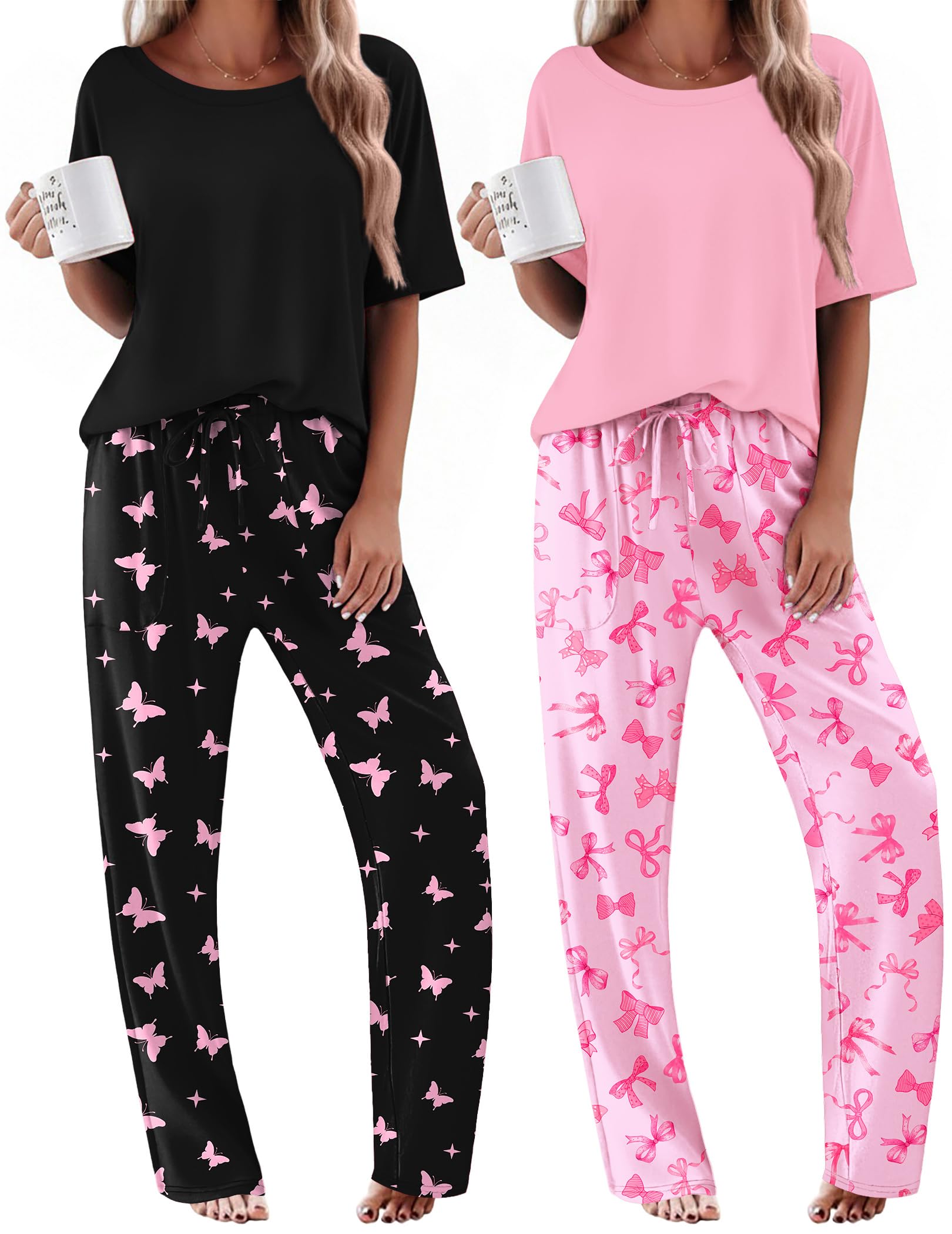 Ekouaer 2 Pack Womens Pajama Sets Short Sleeve Tops and Long Pants Casual Comfy Pjs Lounge Set with Pockets,S-XXL