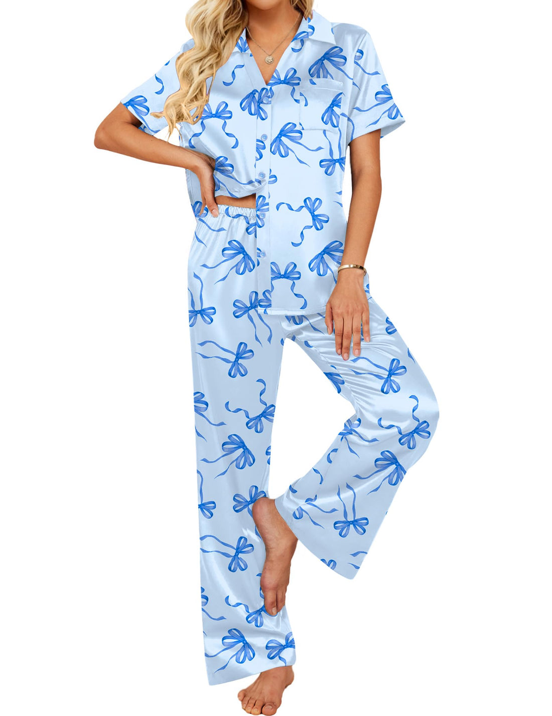Ekouaer Silk Pajamas for Womens Set 2 Piece Satin Pjs Soft Button Down Sleepwear Wide Leg Long Pants with Pockets