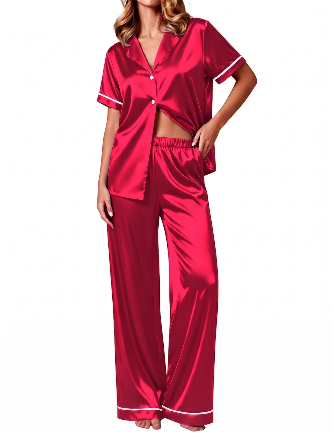 Ekouaer Women's Silk Pajamas Set Short Sleeve Satin Pjs 2 Piece Soft Loungewear with Pants Button Down Sleepwear