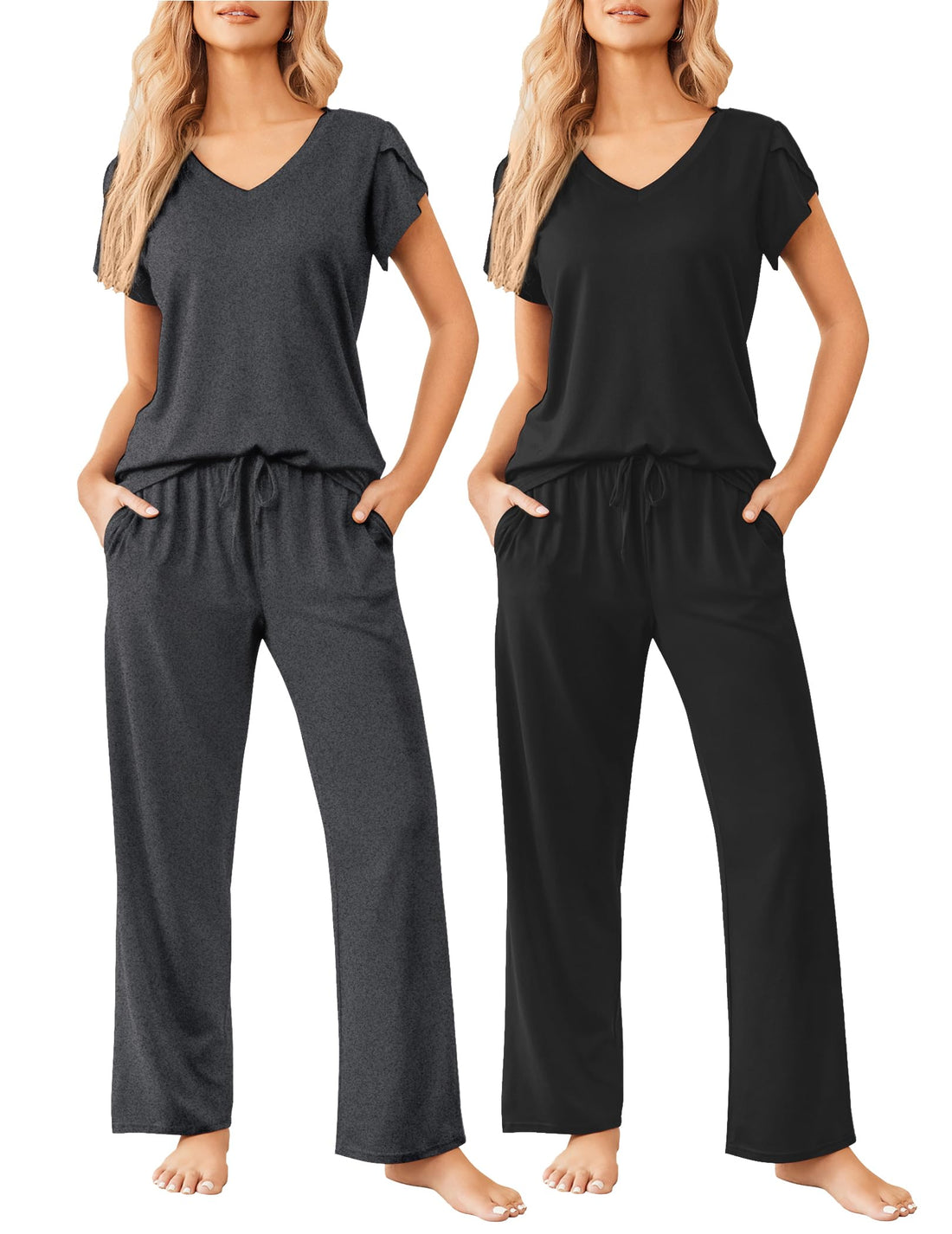 Ekouaer 2 Pack Womens Pajamas Short Sleeve Sleepwear Top with Pants Super-Soft Printed Lounge Sets S-XXL