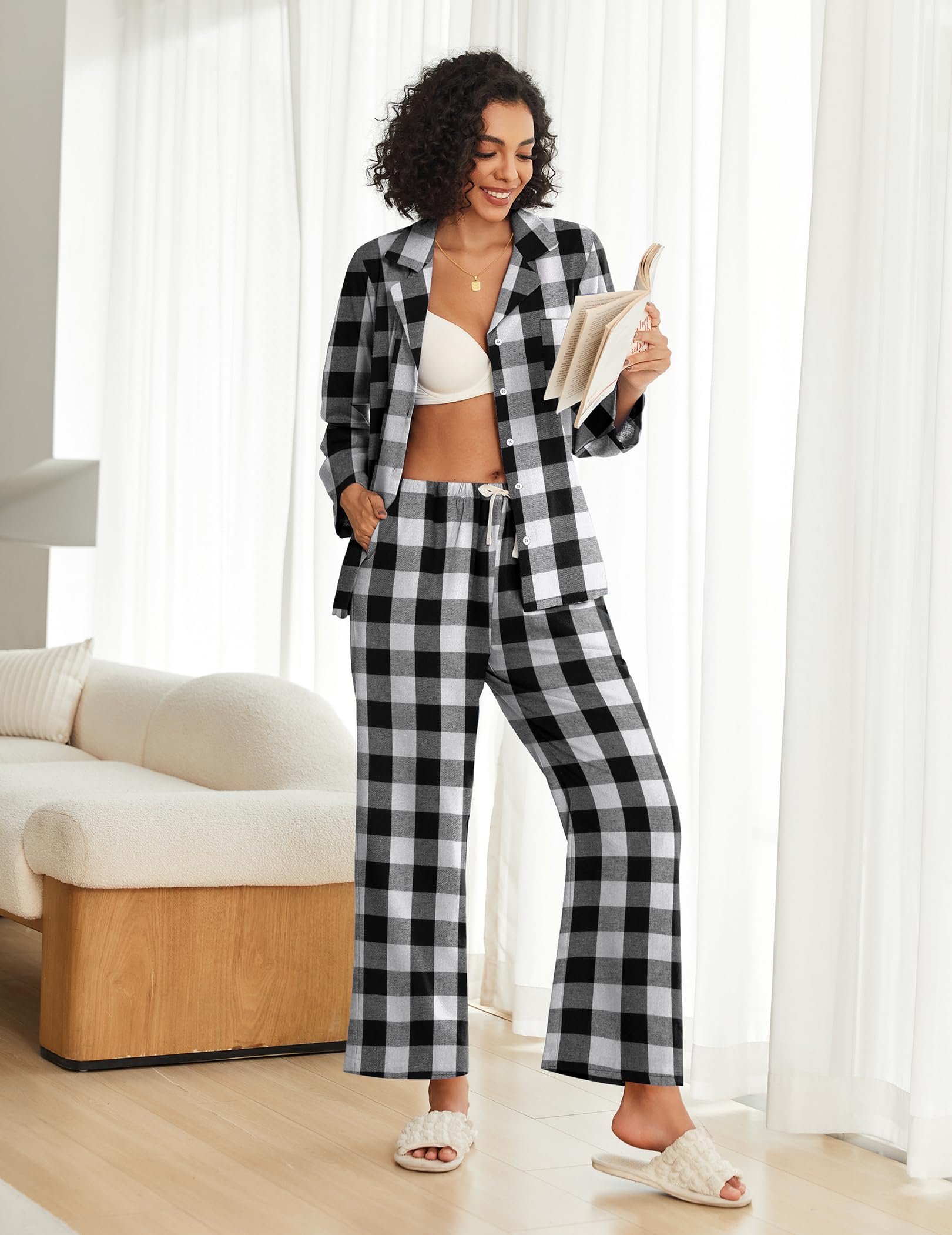 Ekouaer Womens Pajama Sets 2 Piece Cotton Plaid Pjs Long Sleeve Sleepwear Button Down Lounge Set with Pockets
