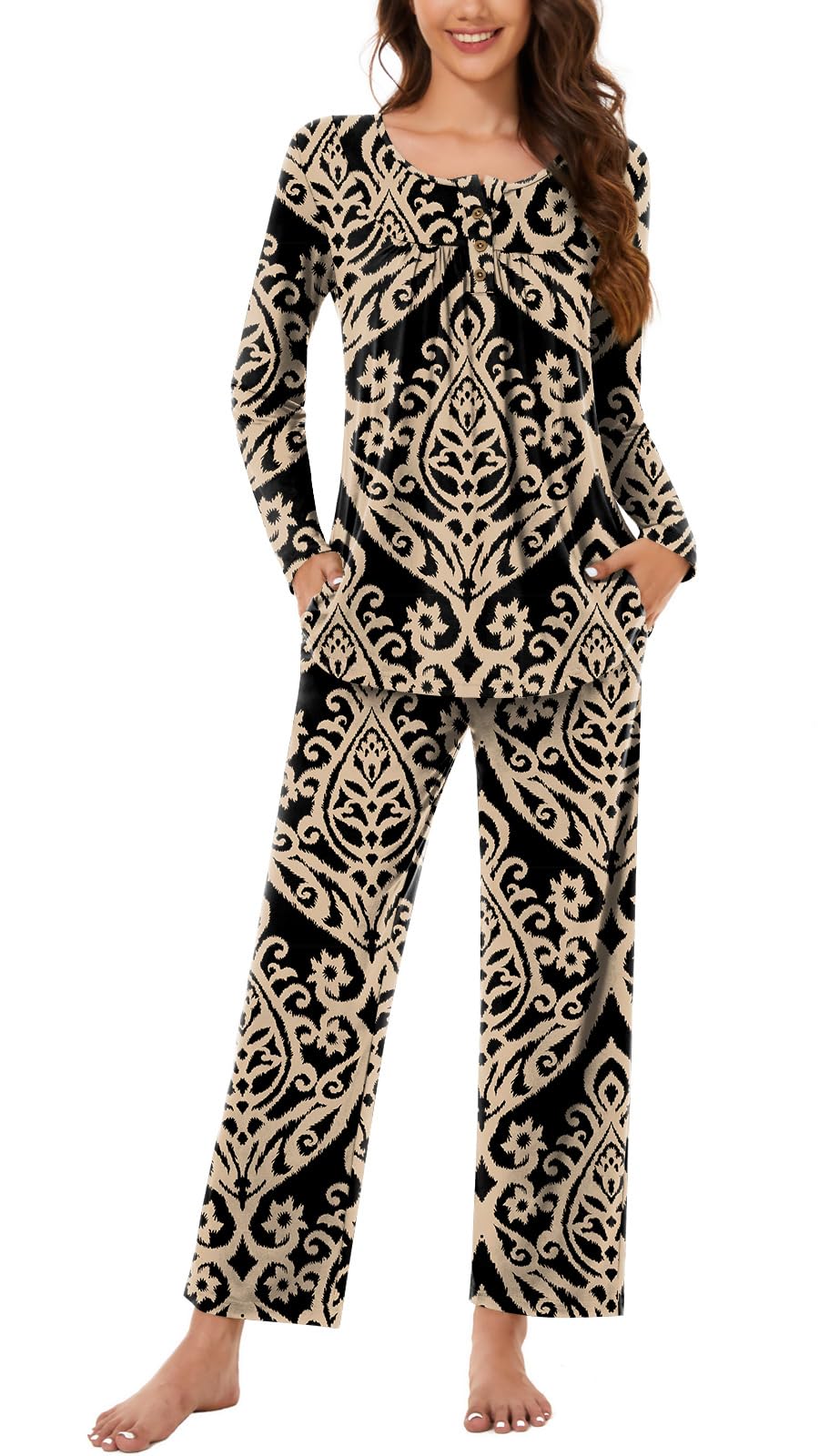 Bestbee Women's Pajama Set, 2 Piece Lounge Outfits Sleepwear Fall Long Sleeve Long Pant With Pockets Ladies Pjs