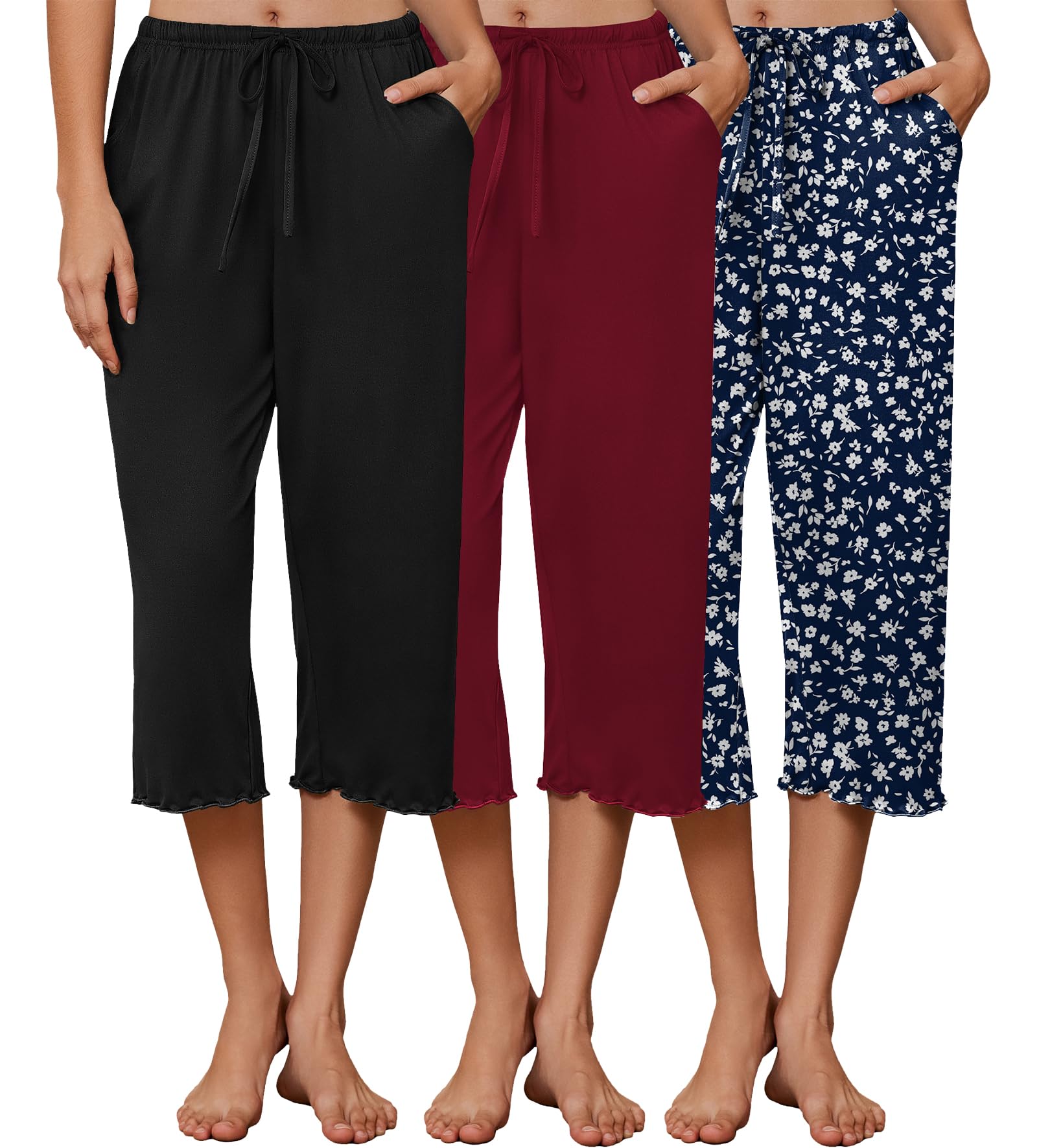 Ekouaer 3 Pack Women Capri Pajama Pants 2026 Ruffle Hem Lounge Pants Drawstring Pj Bottoms with Pockets