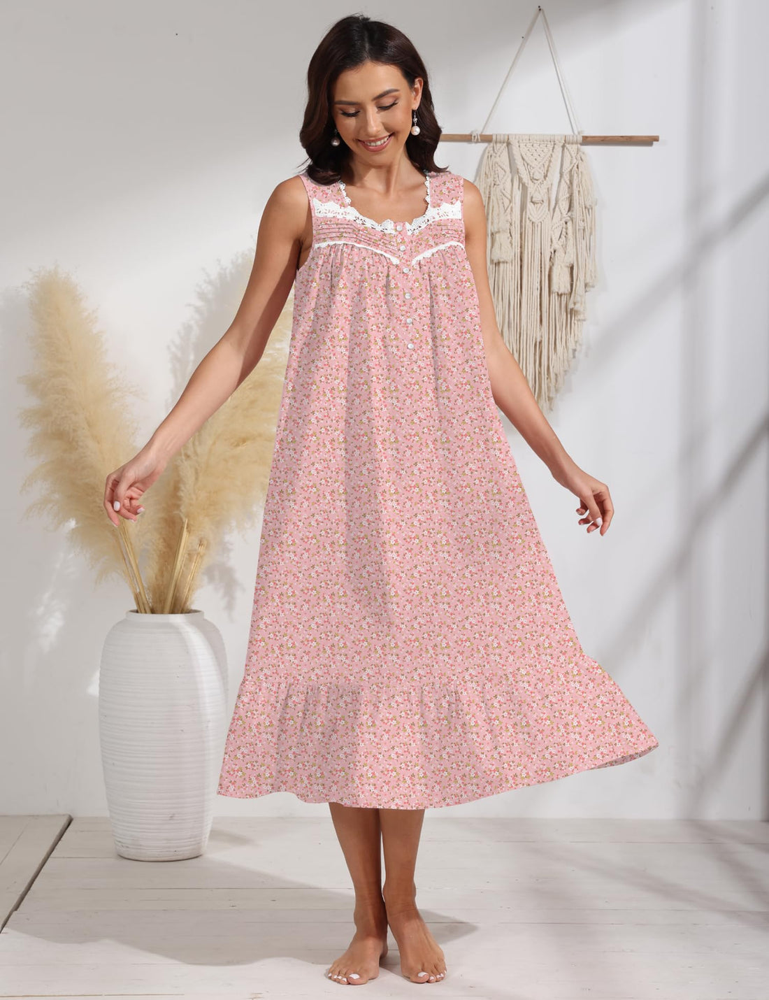 100% Cotton Floral Pearl Snap Nightgown for Women Sleeveless Victorian Sleep Dress Cotton Nightgowns with Pockets WEBE CLOTHING