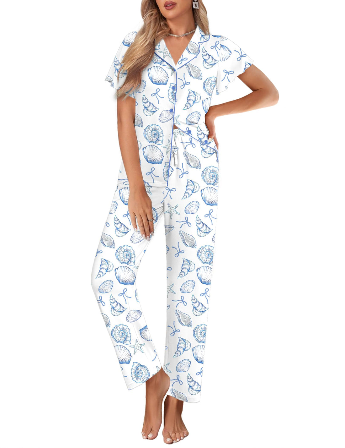 Ekouaer Pajamas for Women Set Button Up Sleepwear Cute Pjs Ruffle Sleeve Notch Collar Loungewear with Long Pants S-XXL