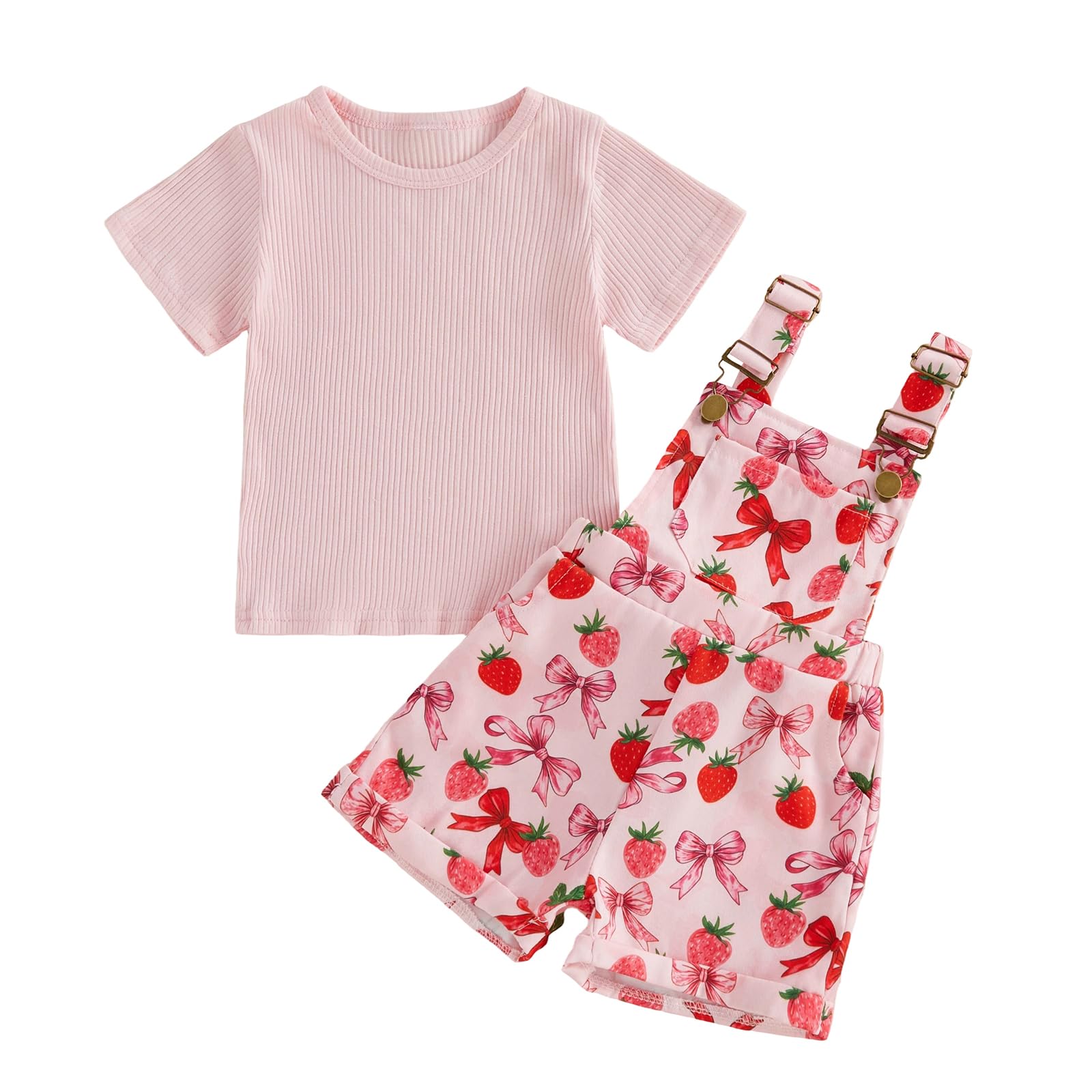 Toddler Baby Girls Summer Outfits T-Shirt Overalls Shorts Set | Short Sleeve Ribbed Shirt, Flower/Apple/Strawberry/Camo/Star/Bee Suspender Overalls, Kid 2Pcs Clothing, Spring Clothes 12M-5Y WEBE CLOTHING