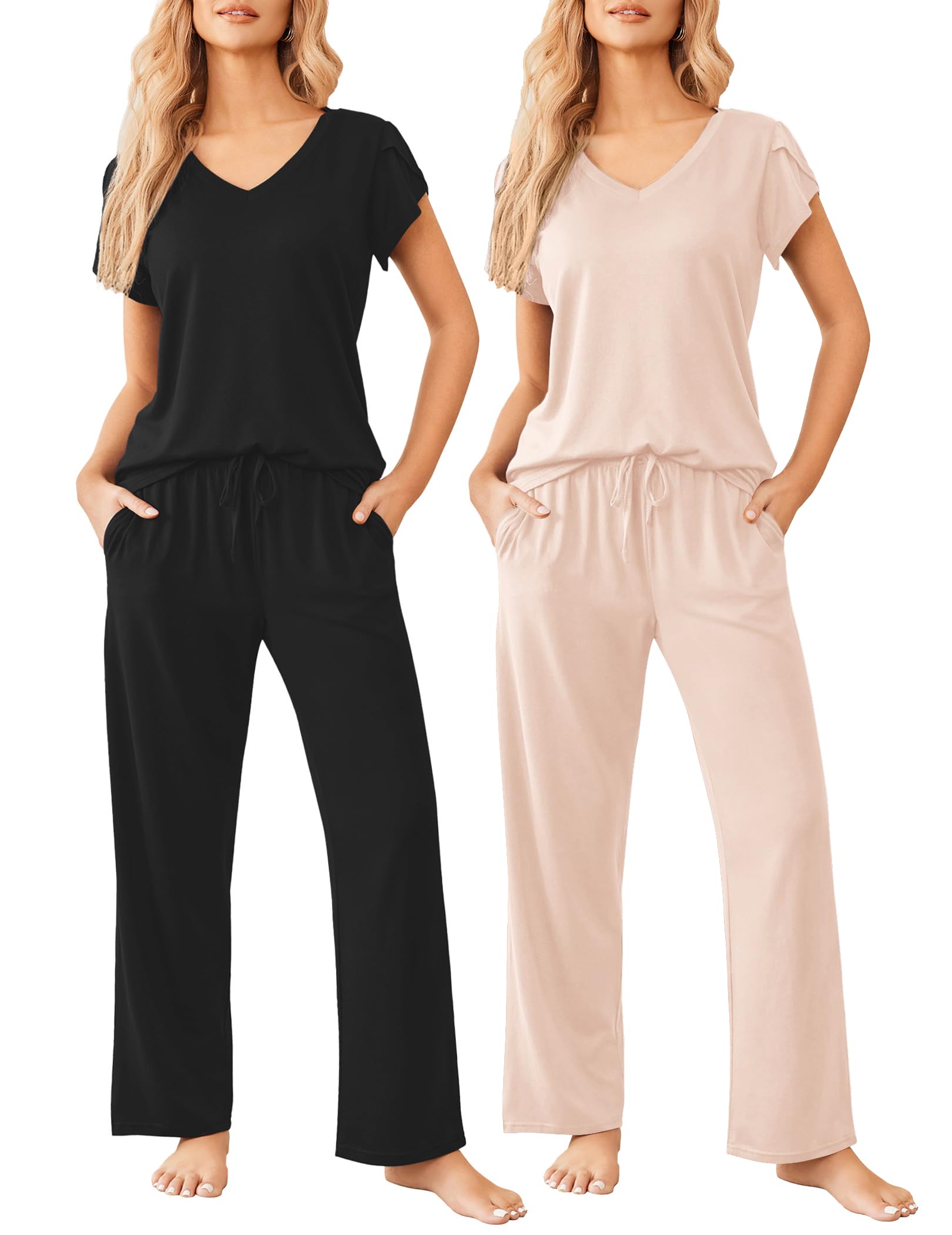 Ekouaer 2 Pack Womens Pajamas Short Sleeve Sleepwear Top with Pants Super-Soft Printed Lounge Sets S-XXL