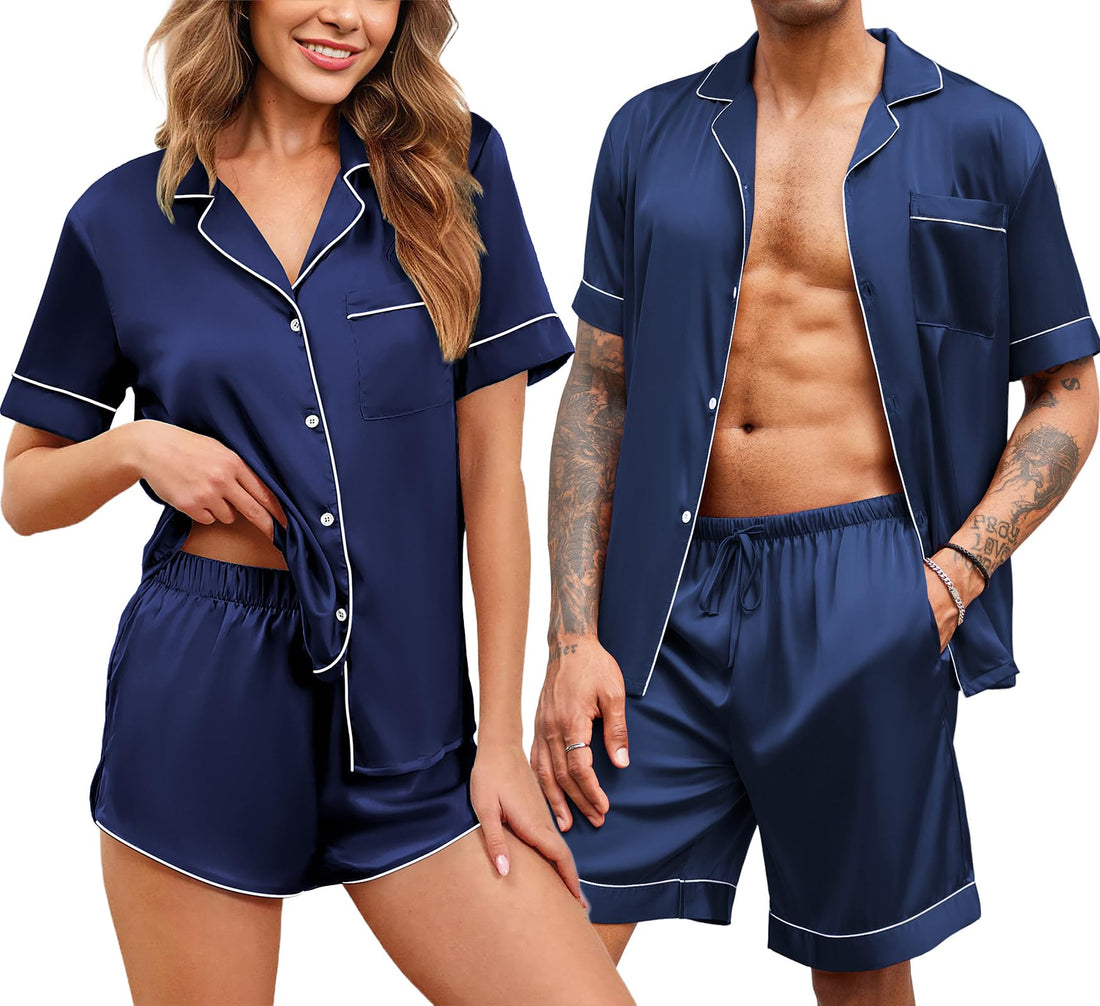 Ekouaer Silk Satin Matching Pajamas Sets Couple Button Down Nightwear Women & Men Short Sleeve Sleepwear 2 Pieces Loungewear