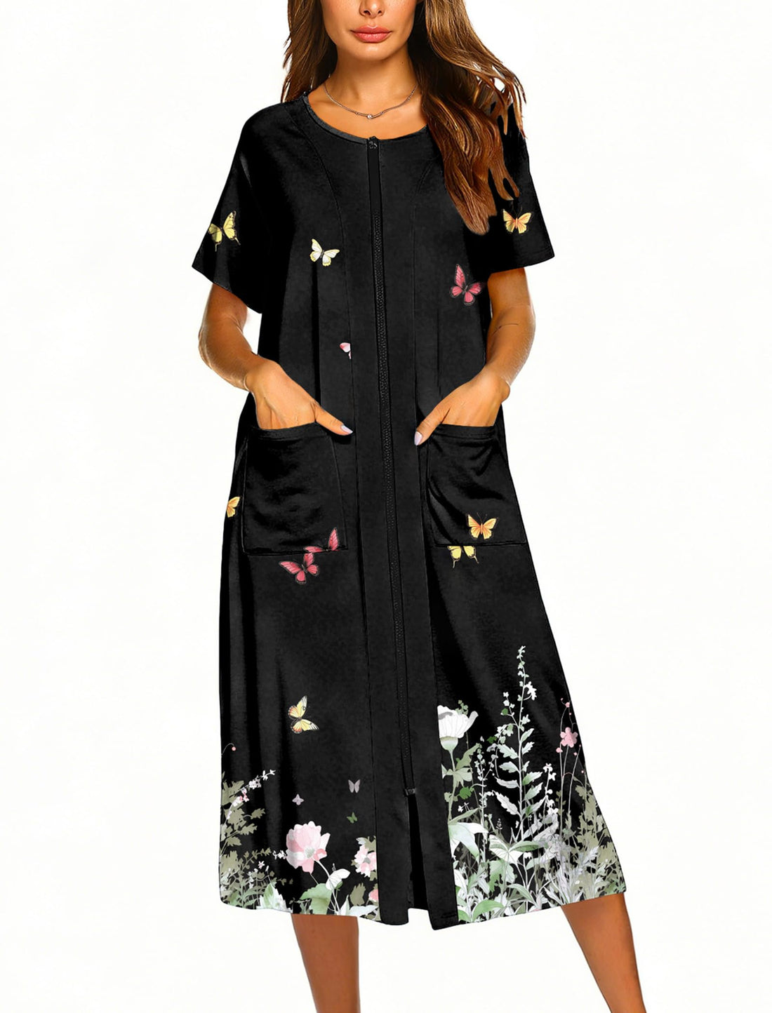 Ekouaer Robes For Women Zipper Bathrobe Short Sleeve Duster With Pockets | Zipper Front House Coat, Lightweight Sleepwear, Plus Size Loungewear, Ladies Nightgown for Mother, Postoperative Gown, Sleep