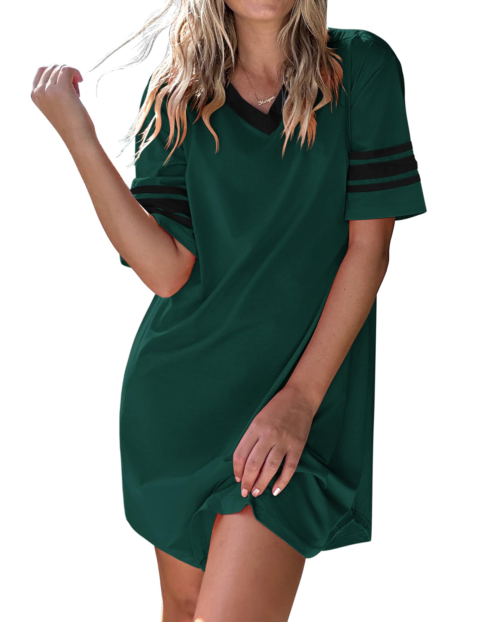 Ekouaer Nightgowns for Women Cotton Night Gown Short Sleeve Sleepwear V Neck Color Block Sleep Shirts Ladies Night Shirts