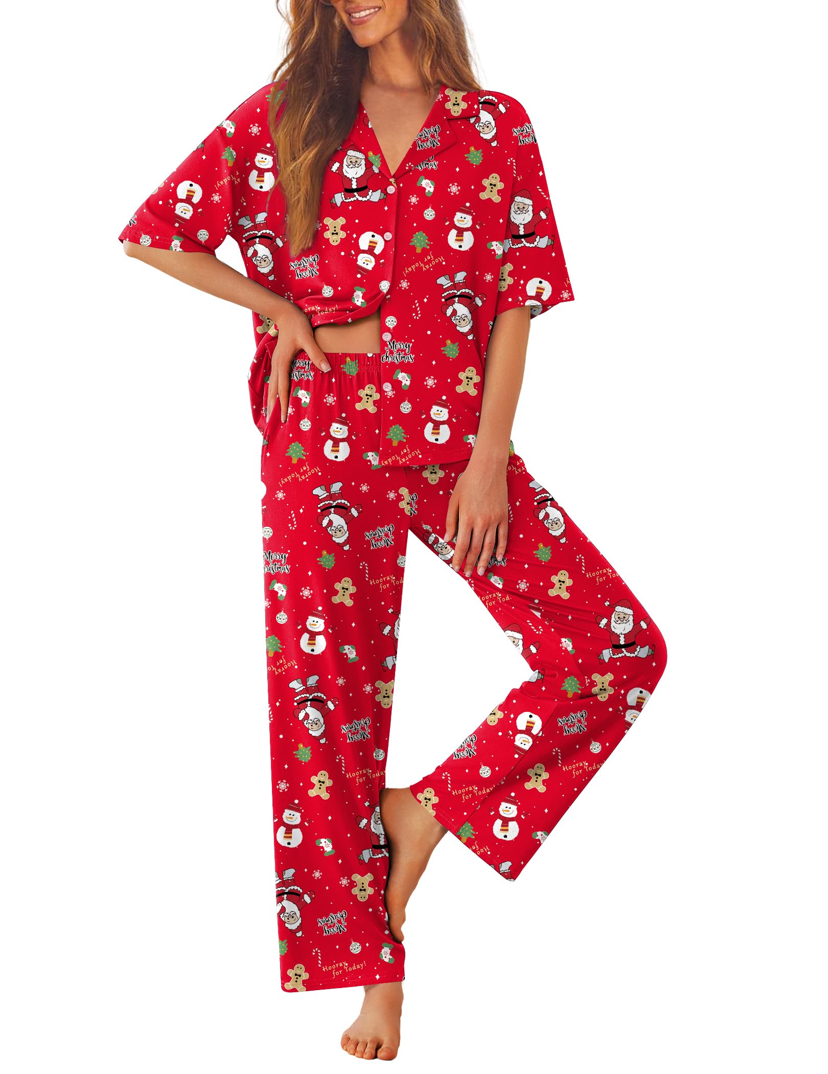 Ekouaer Women Pajamas Set Button Down Sleepwear Short Sleeve Pjs Soft Comfy Nightwear with Long Pants S-XXL