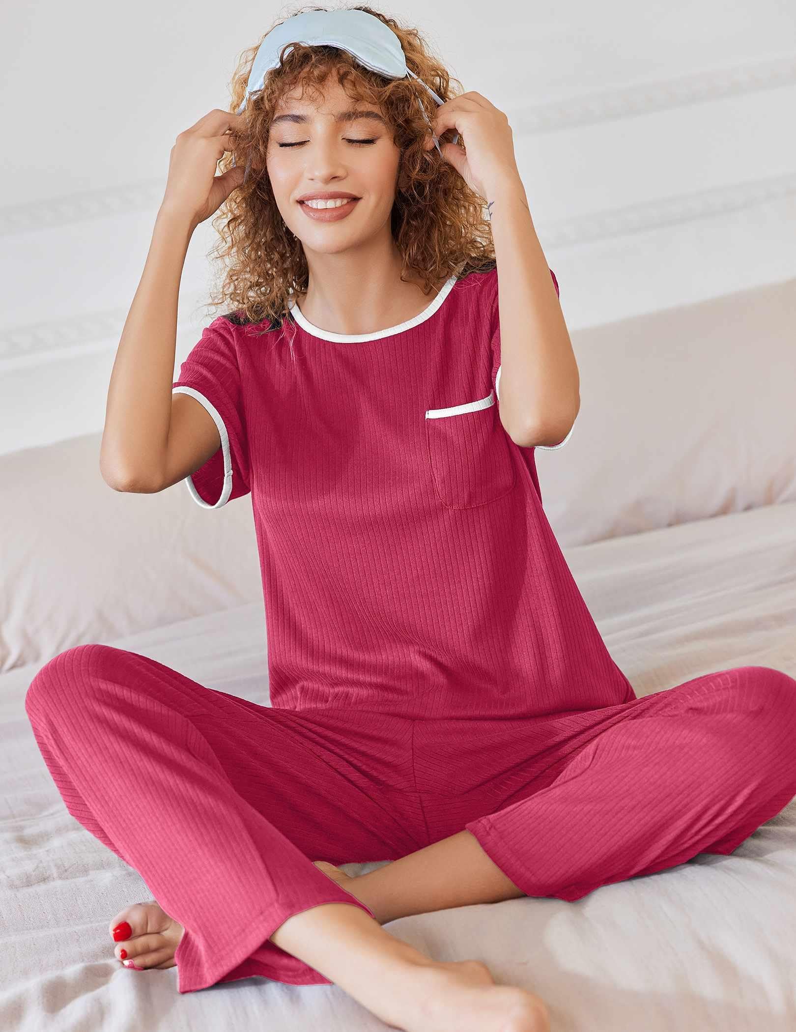 Ekouaer Women Lounge Pajamas Sets Ribbed Knit PJ Short Sleeve and Long Pajama Pant Soft 2 Piece Sleepwear Loungwear Set