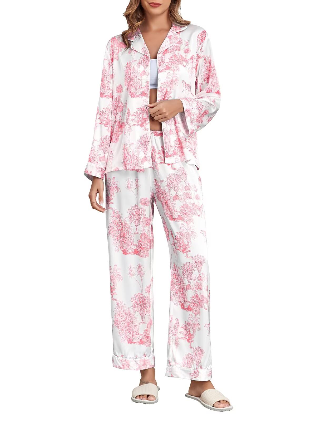 Brosloth Women's Silk Satin Pajamas Long Sleeve Button Up Loungewear Set | Button Down Animal Print Pajamas, Ladies Fancy Pajama sets, Two Piece Lounge Set, Notch Collar Lightweight Sleepwear, Gift WEBE CLOTHING