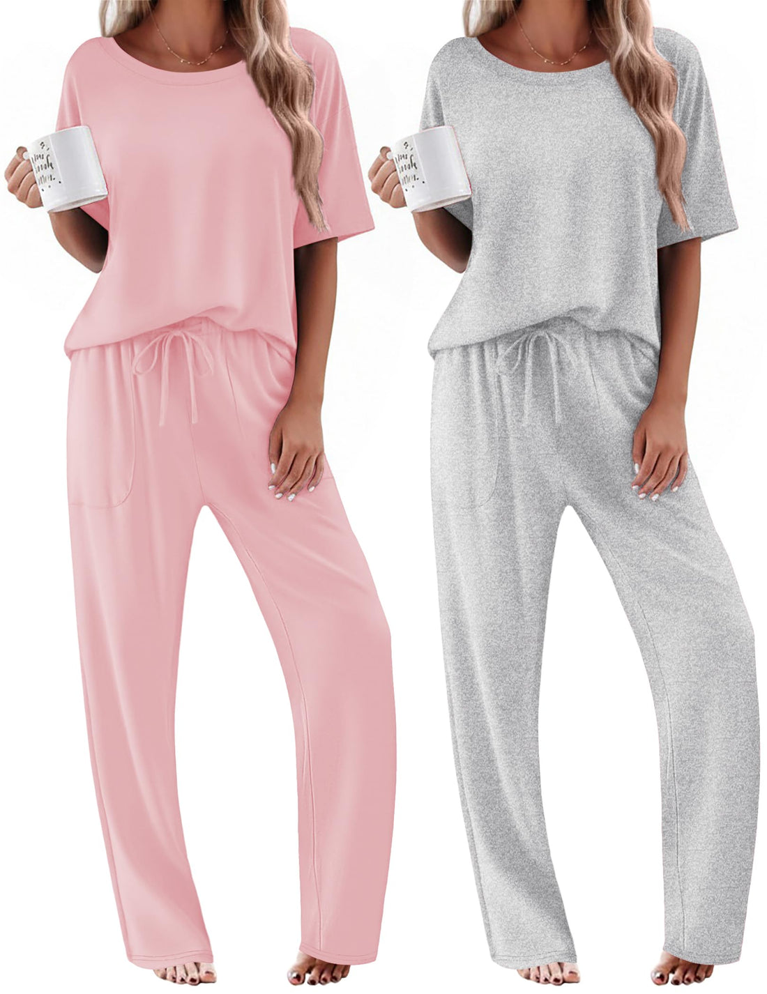Ekouaer 2 Pack Womens Pajama Sets Short Sleeve Tops and Long Pants Casual Comfy Pjs Lounge Set with Pockets,S-XXL
