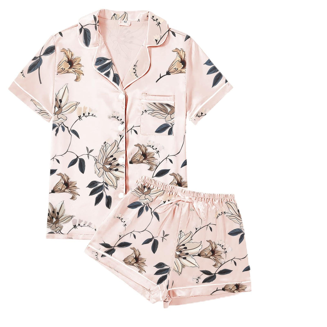 WJing Yi Jia 4Pcs Womens Satin Silky Pajama Sets Short Sleeve Shirt XS-4XL Floral Pajamas Set Soft PJ Loungewear Sleepwear