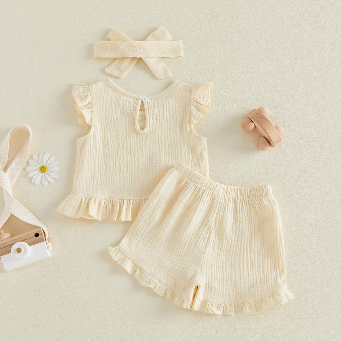 Amnnchya Toddler Girl Clothes Baby Summer Spring Outfits Cute Bow Button Smocked Ruffle Sleeve Tops ＋ Girls Shorts Set WEBE CLOTHING