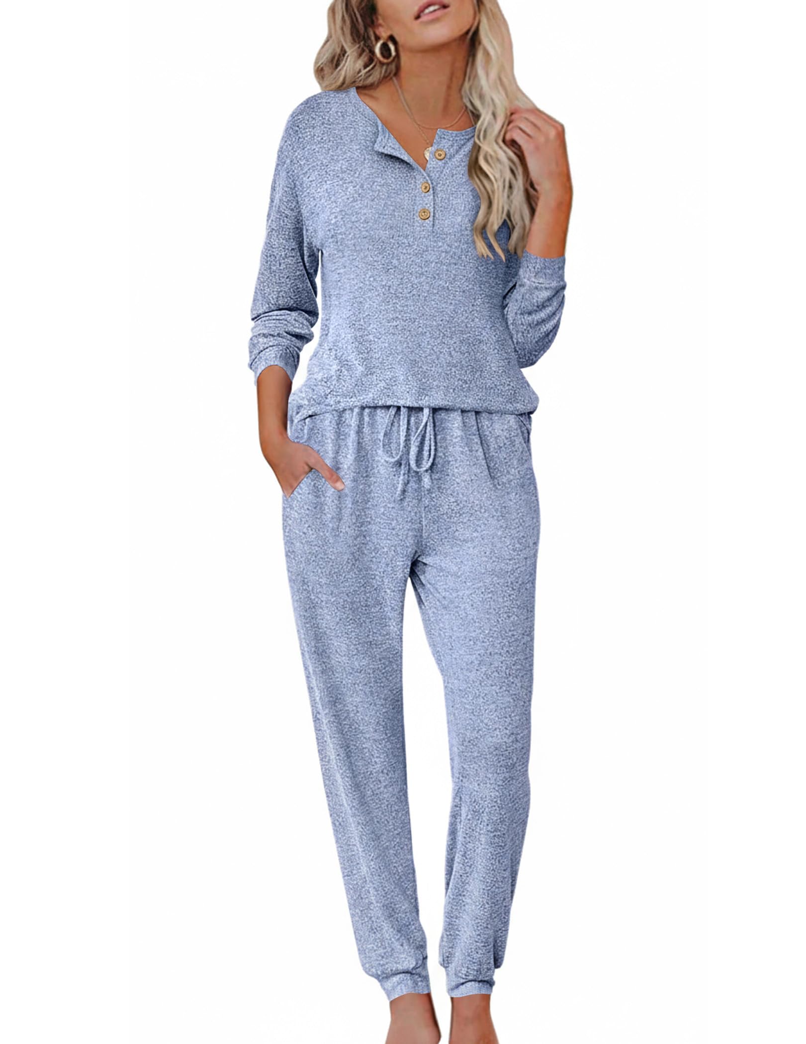 Ekouaer Womens Pajama Sets Long Sleeve Lounge Set 2 Piece Pj Sets for Women Henley Neck Casual Sleepwear Loungewear S-XXL