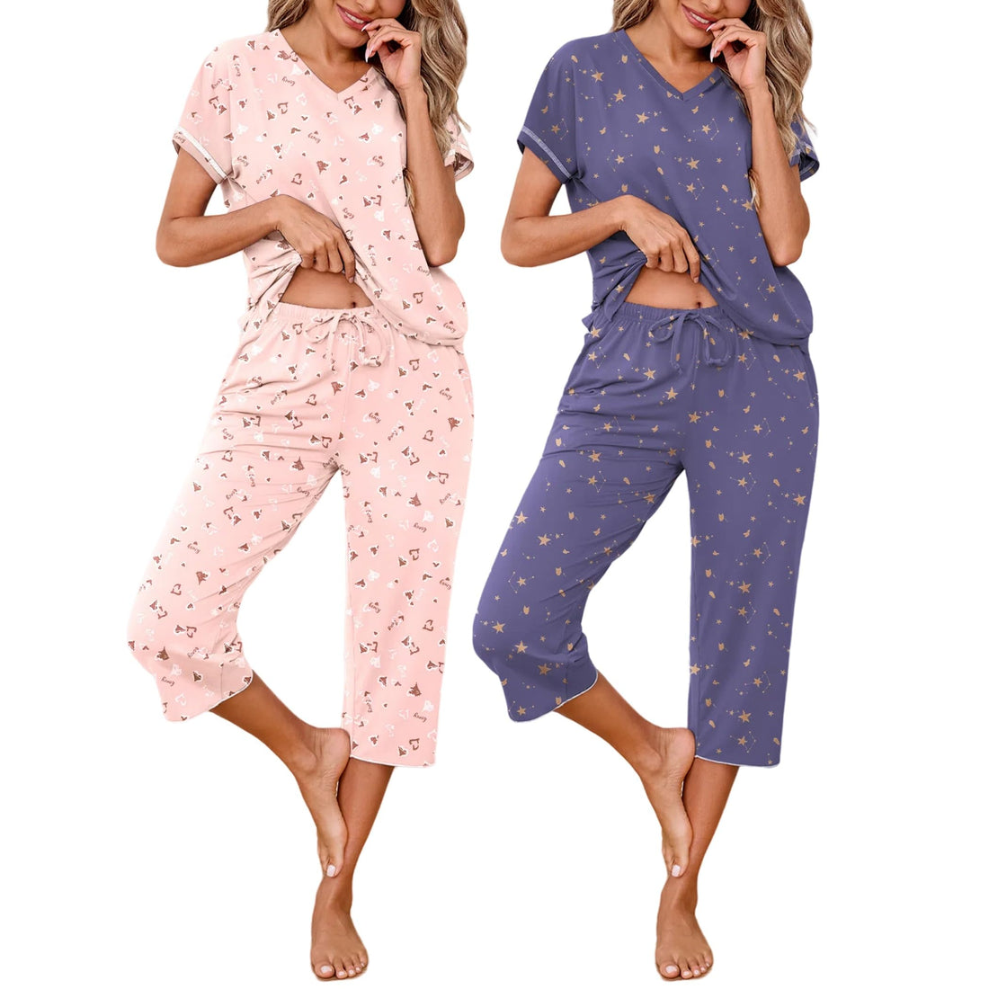 Marvmys Womens 2 Pack Pajama Sets Short Sleeve Sleepwear Capri Pants Pjs | Pockets, Lightweight, Cooling Pyjamas, Nightwear Comfy for Daily Wear, Pajams sets, Sleep, Travel, Wife, Mom WEBE CLOTHING