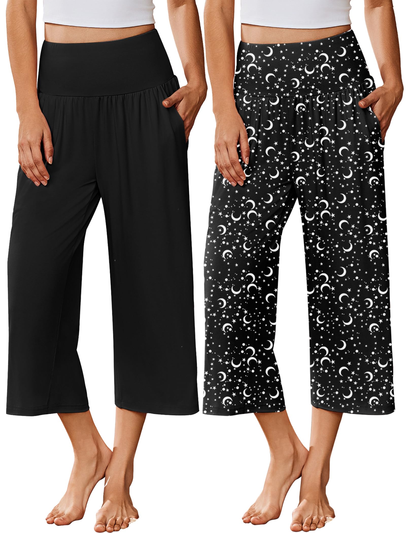 Ekouaer 2 Pack Womens Pajama Pants 2026 Wide Leg Capri Yoga Pants Lounge Comfy Sleep Pj Bottoms with Pockets