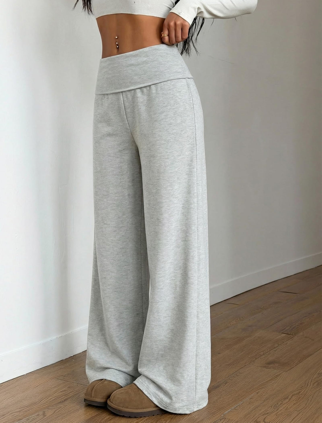 ZAFUL Women's Striped Pants Casual Fold Waist Wide Leg Pants Lightweight Comfy Stretchy Loose Lounge Pajama Pants