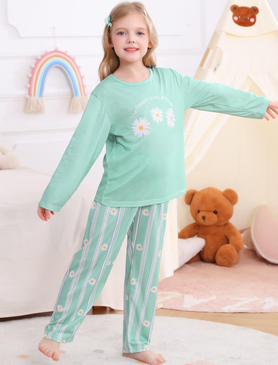 SWOMOG Girls Pajama Set Short Sleeve Tops & Ruffled Shorts with Pocket 2 Piece Summer Pajamas for Kids Size 6-15