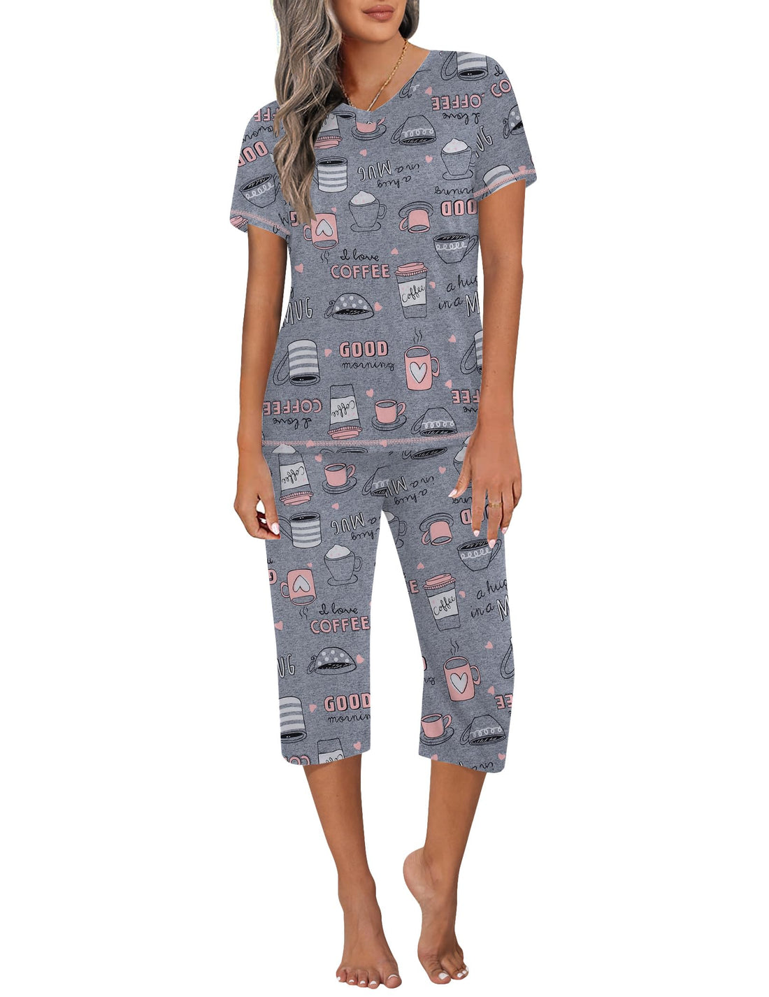 Ekouaer Women's Sleepwear Capri Pajama Sets Short Sleeve Two-Piece Pjs V Neck Tops & Capri Pants with Pockets S-3XL