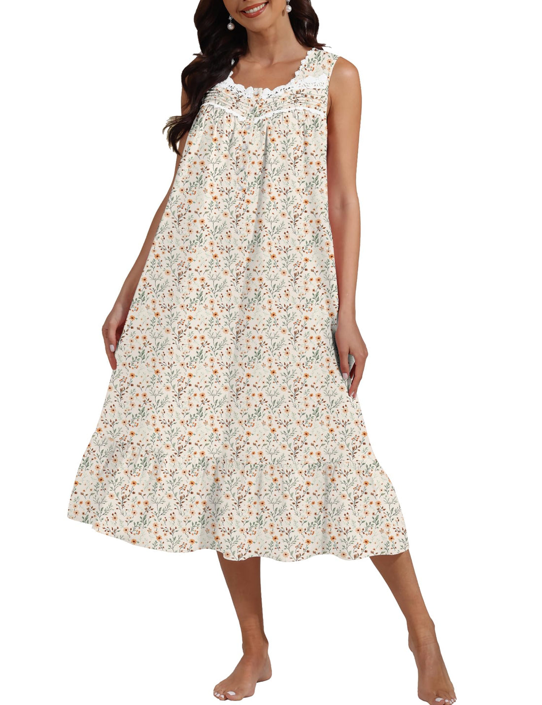 100% Cotton Floral Pearl Snap Nightgown for Women Sleeveless Victorian Sleep Dress Cotton Nightgowns with Pockets WEBE CLOTHING