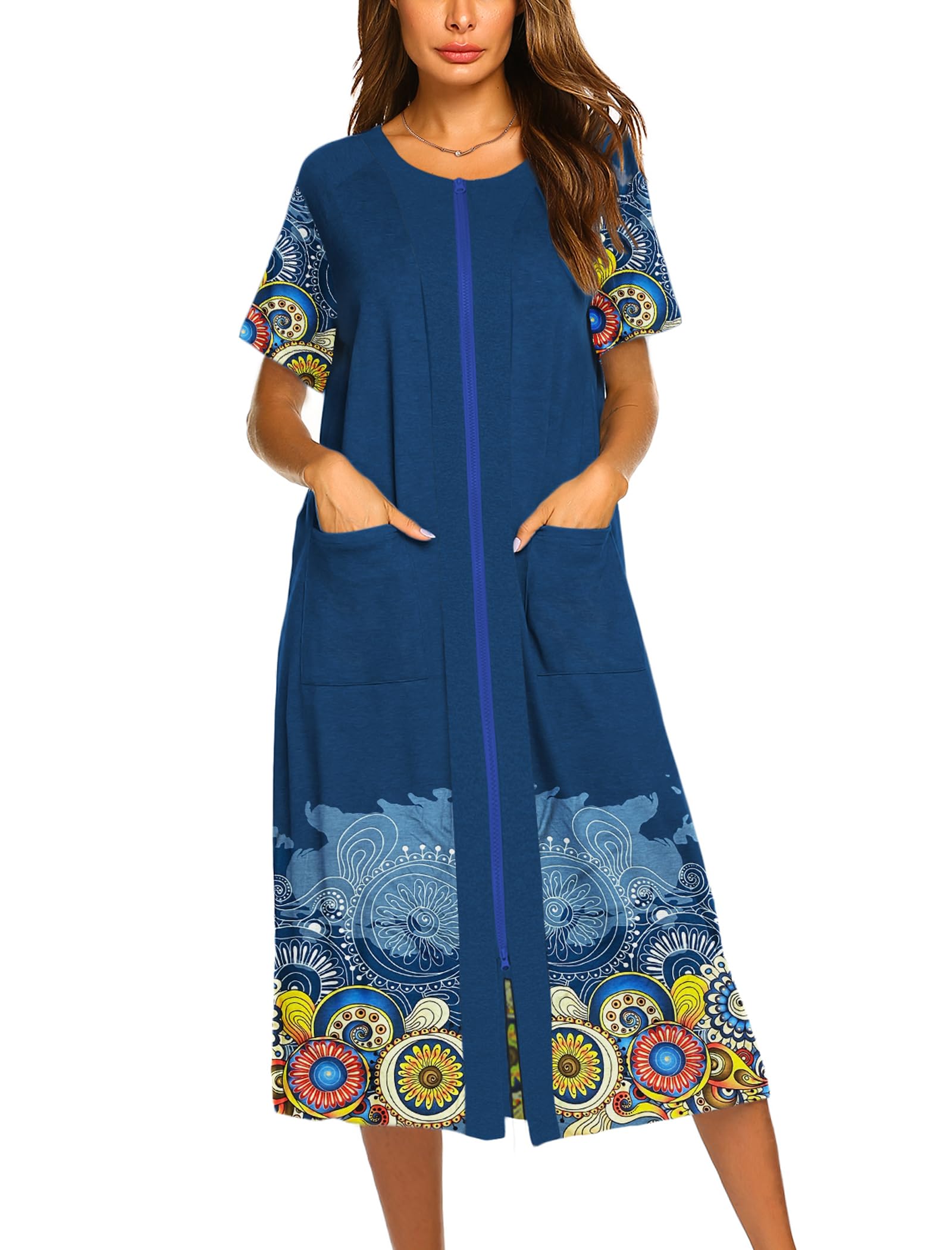 Ekouaer Robes For Women Zipper Bathrobe Short Sleeve Duster With Pockets | Zipper Front House Coat, Lightweight Sleepwear, Plus Size Loungewear, Ladies Nightgown for Mother, Postoperative Gown, Sleep
